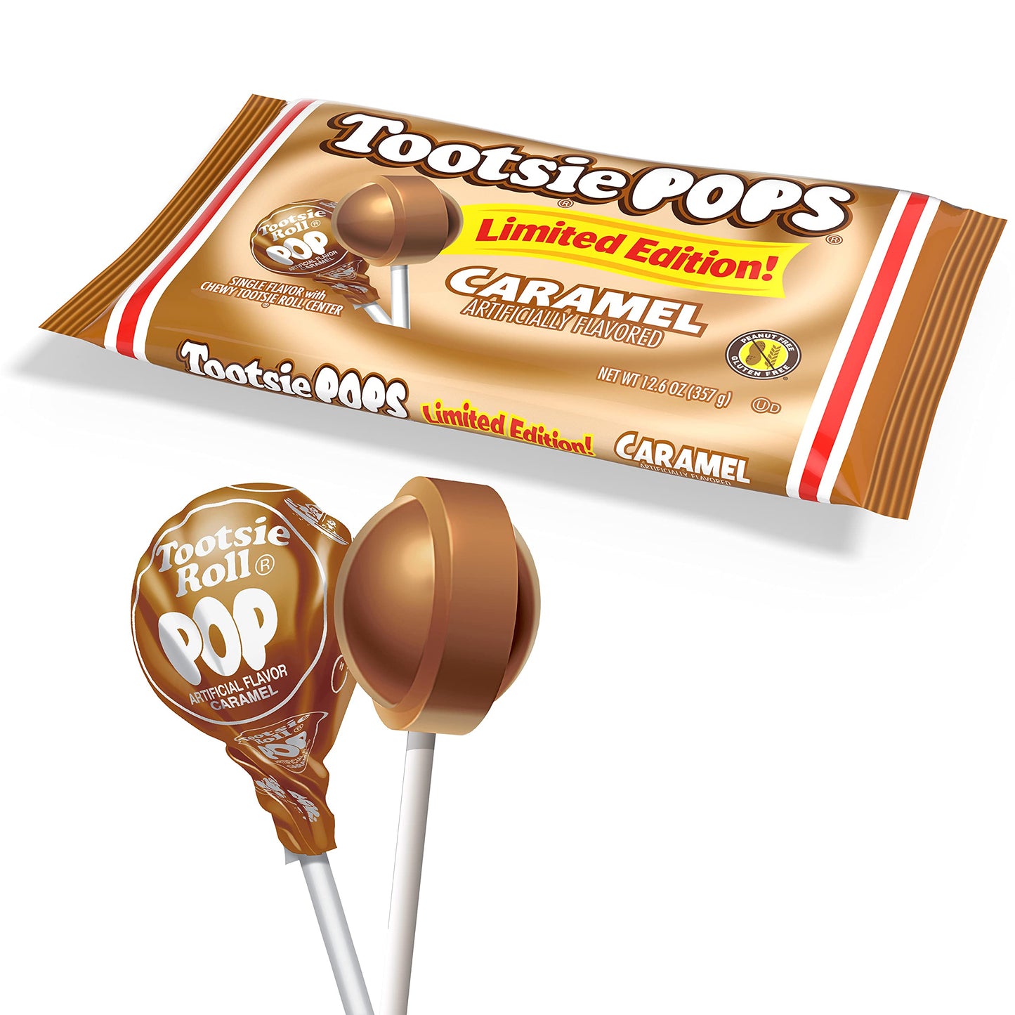 Tootsie Pops Limited Edition Individually Wrapped Single Flavor Lollipops With Tootsie Roll Center, Caramel, 12.6 Ounce