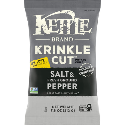 Kettle Brand Krinkle Cut Salt and Fresh Ground Pepper Kettle Potato Chips, Gluten-Free, Non-GMO, 7.5 oz Bag (Pack of 12)