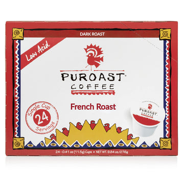 Puroast Low Acid Coffee Single-Serve Pods, French Roast, Certified Low Acid Coffee - pH above 5.5, Dark Roast, Original, (24 Cou