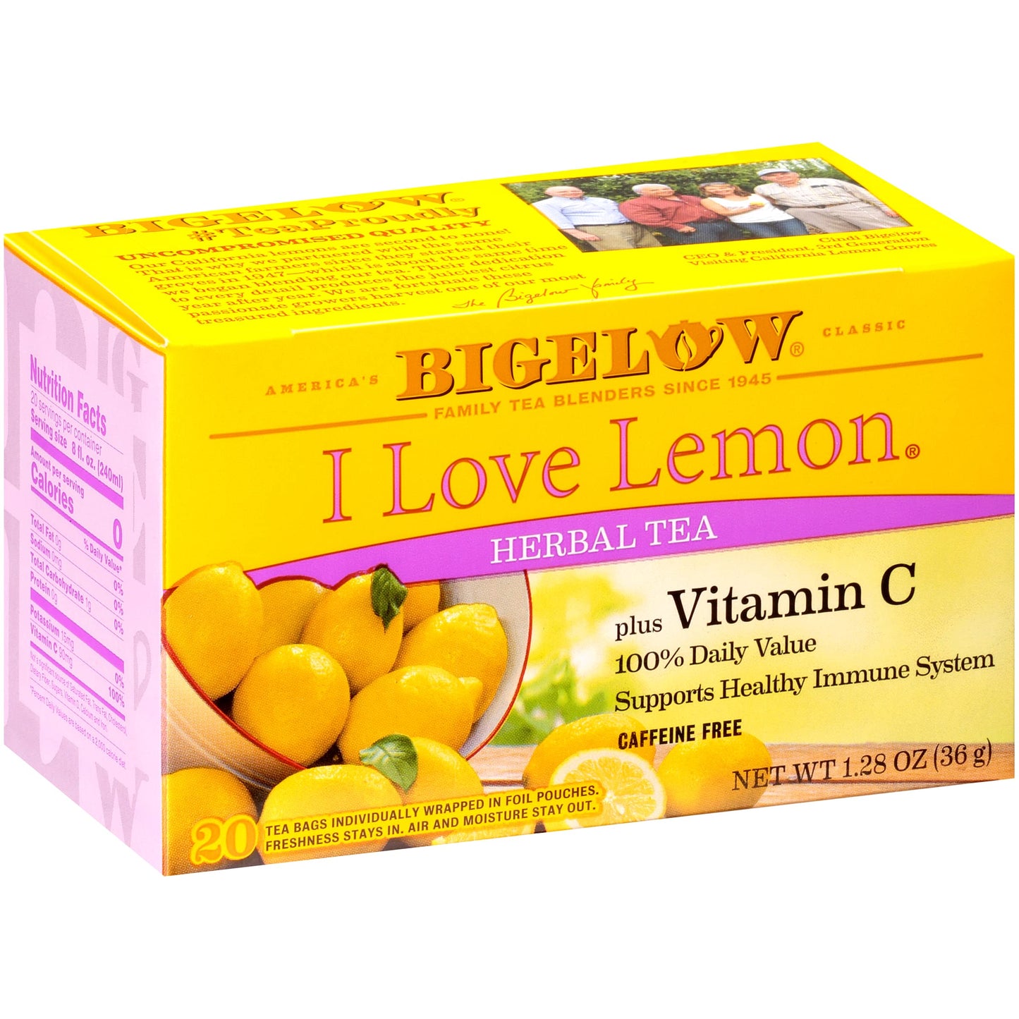 Bigelow I Love Lemon Herbal Tea, 20 Count, Caffeine-Free, Pack of 1