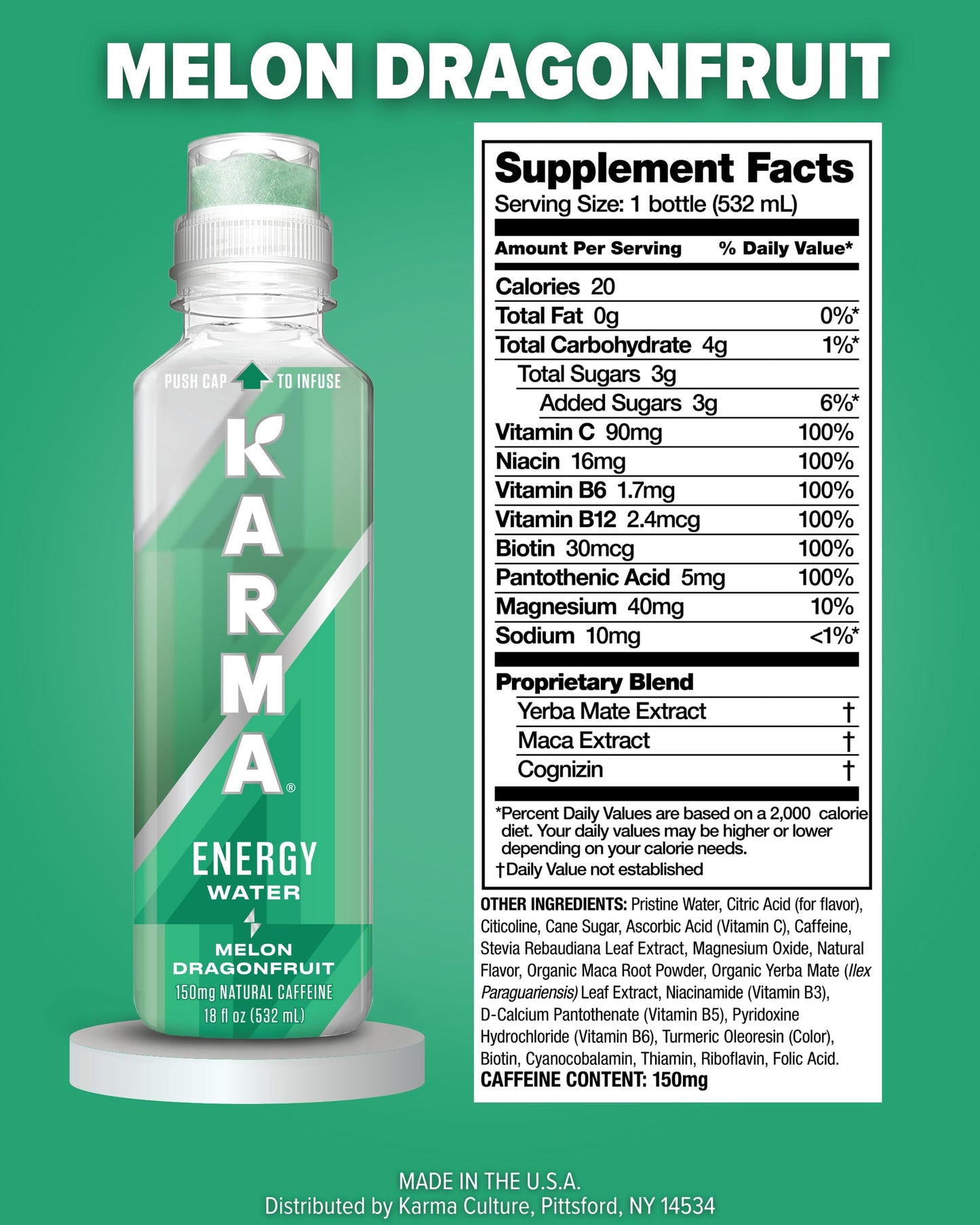 Karma Melon Dragonfruit Energy Water l Caffeinated Natural Energy Drink l Low Calorie Focus and Energy Boost, 18 Fl Oz (Pack of