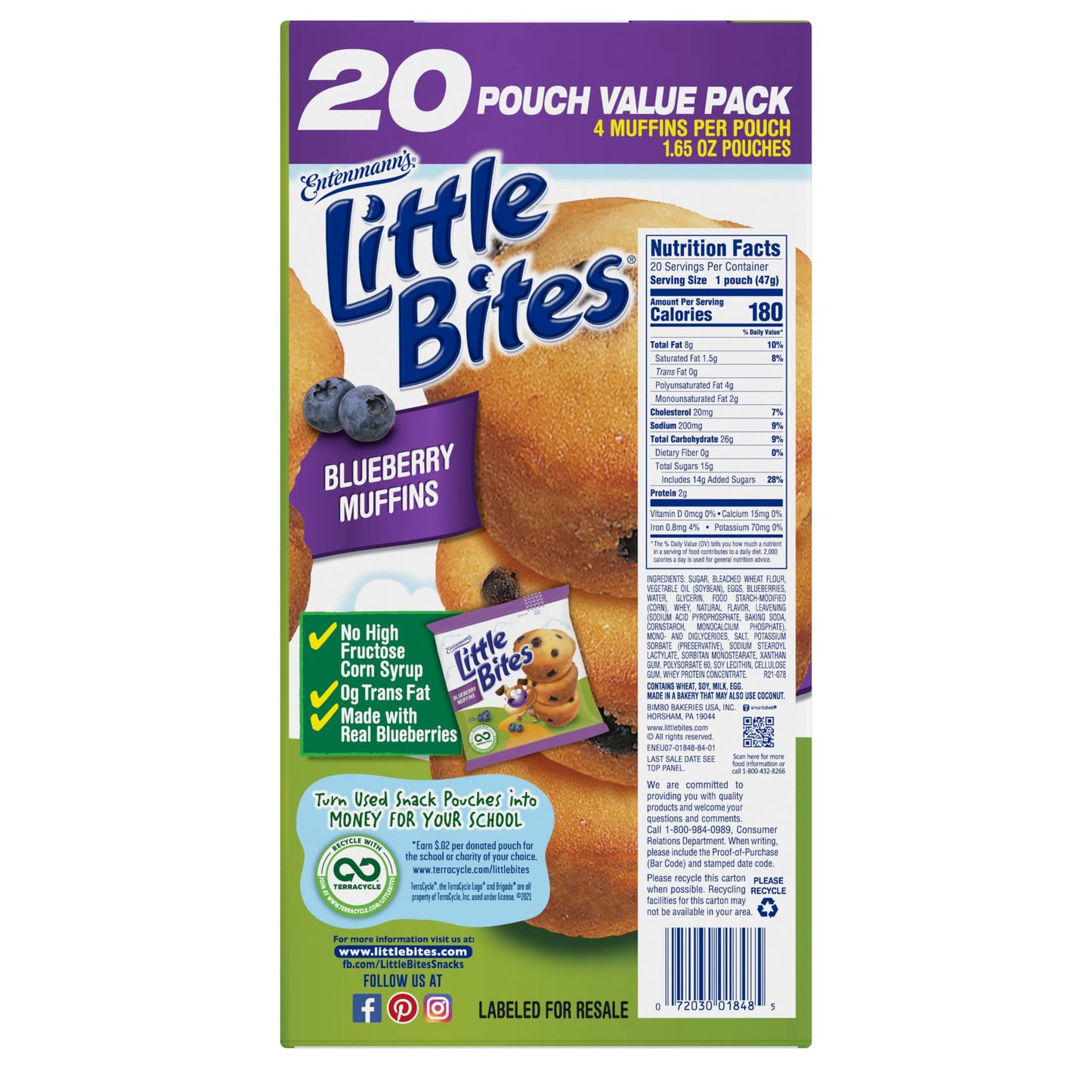 Entenmanns Little Bites Blueberry Mini Muffins 2 pack (40 pouches total)