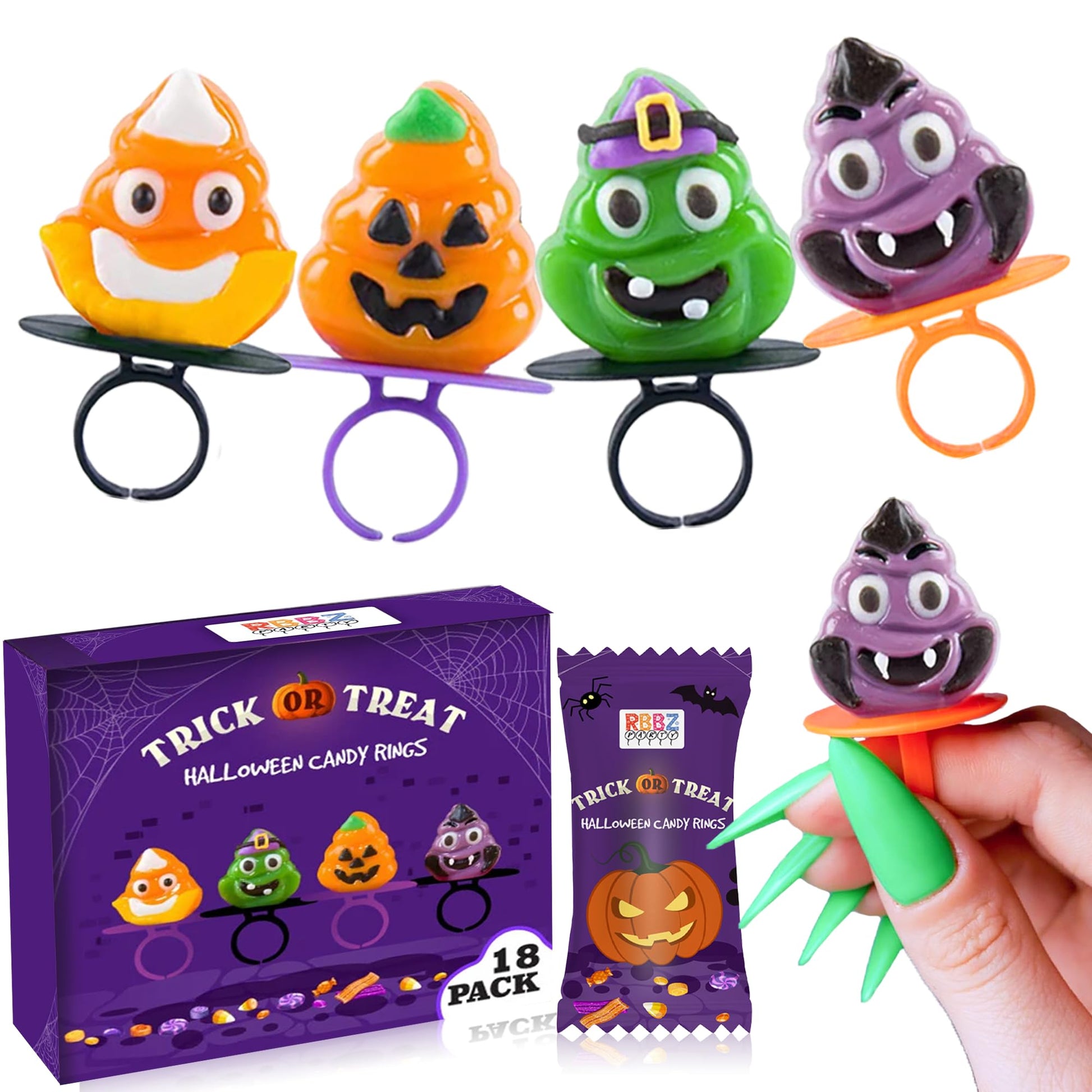 Halloween Candy Ring Pops - 18 Individually Wrapped Suckers Bulk Variety Pack - Trick or Treat Candy - Halloween Party Favors