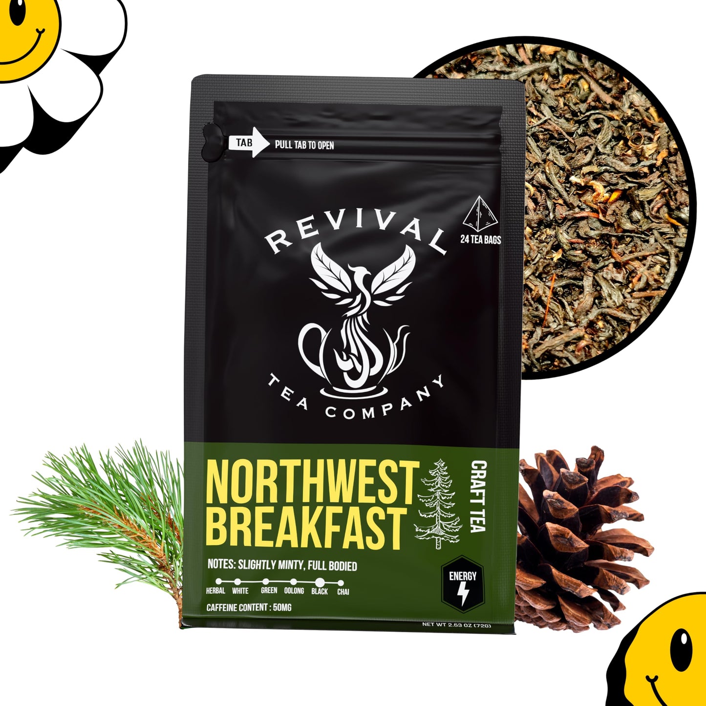 Revival Tea Company Northwest Breakfast Tea - Black Tea Blend With Western Cedar Tips, Assam, Ceylon, And Chinese Black Tea - 24 Tea Bags