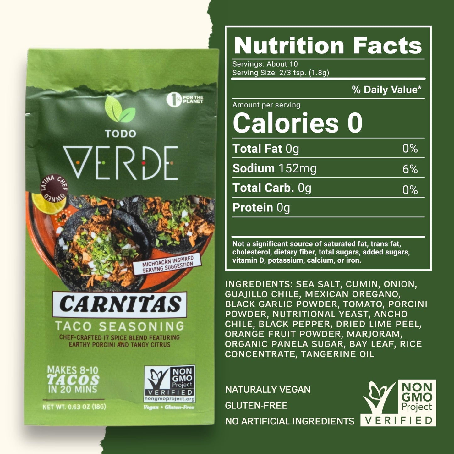 Carnitas Healthy Taco Seasoning Packets - Todo Verde Mexican Seasoning Mix | Chef Curated Taco Blends With Porcini Mushroom & Bl