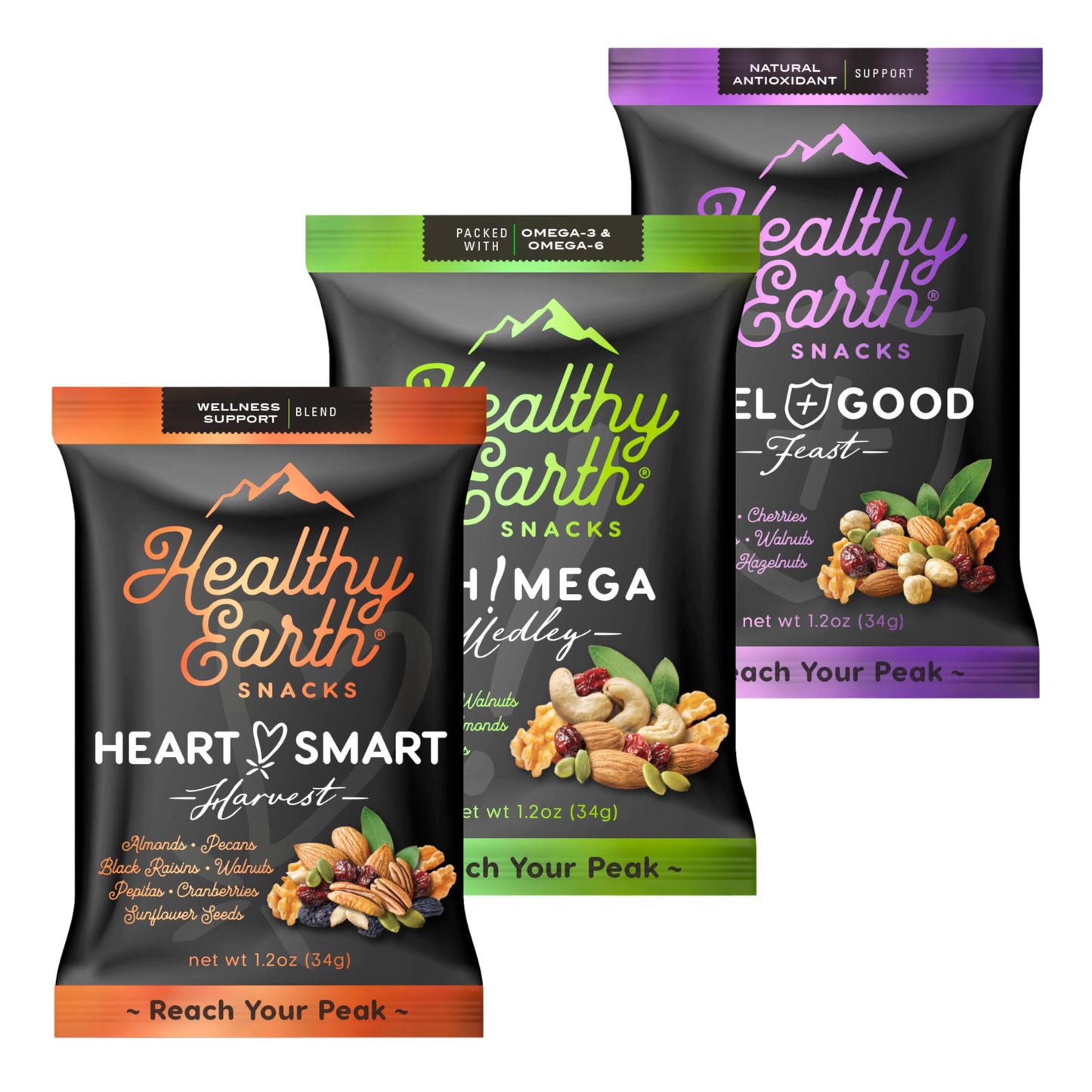 Healthy Earth Snacks 3 Flavors Variety Pack  24 Count | Mixed Nuts & Dried Fruits Gourmet Snacks  Gluten-Free | 8 Packets Per Flavor: Heart Smart Harvest  Feel Good Feast  & Oh! Mega Medley (816g)