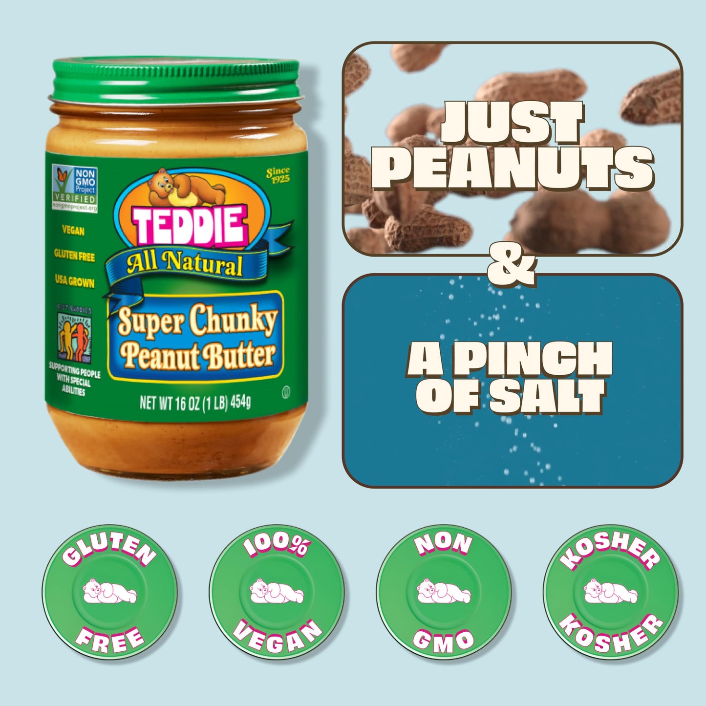 Teddie All Natural Peanut Butter, Super Chunky 2Pk, Gluten Free & Vegan, 16 Ounce Glass (Super Chunky, 16 Ounce (Pack Of 2))