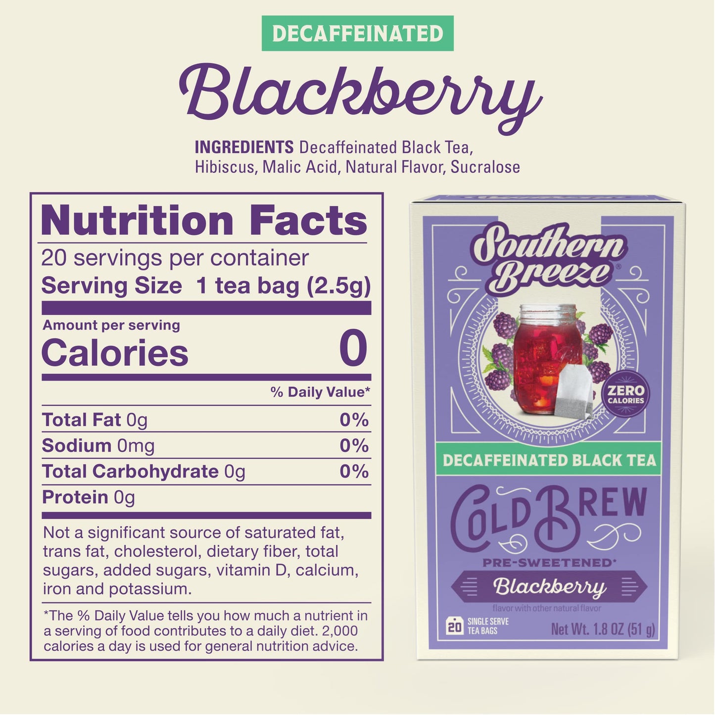 Southern Breeze Cold Brew Sweet Tea Blackberry Iced Tea With Black Tea And Zero Carbs Zero Sugar, 20 Individually Wrapped Tea (Pack Of 2) Southern Sweet Tea Iced Tea Beverage