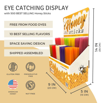 The Honey Jar - Traditional Honey Stick Retail Display With 500 Assorted Honey Sticks Perfect For Gift Shop, Grocery Store, Bout