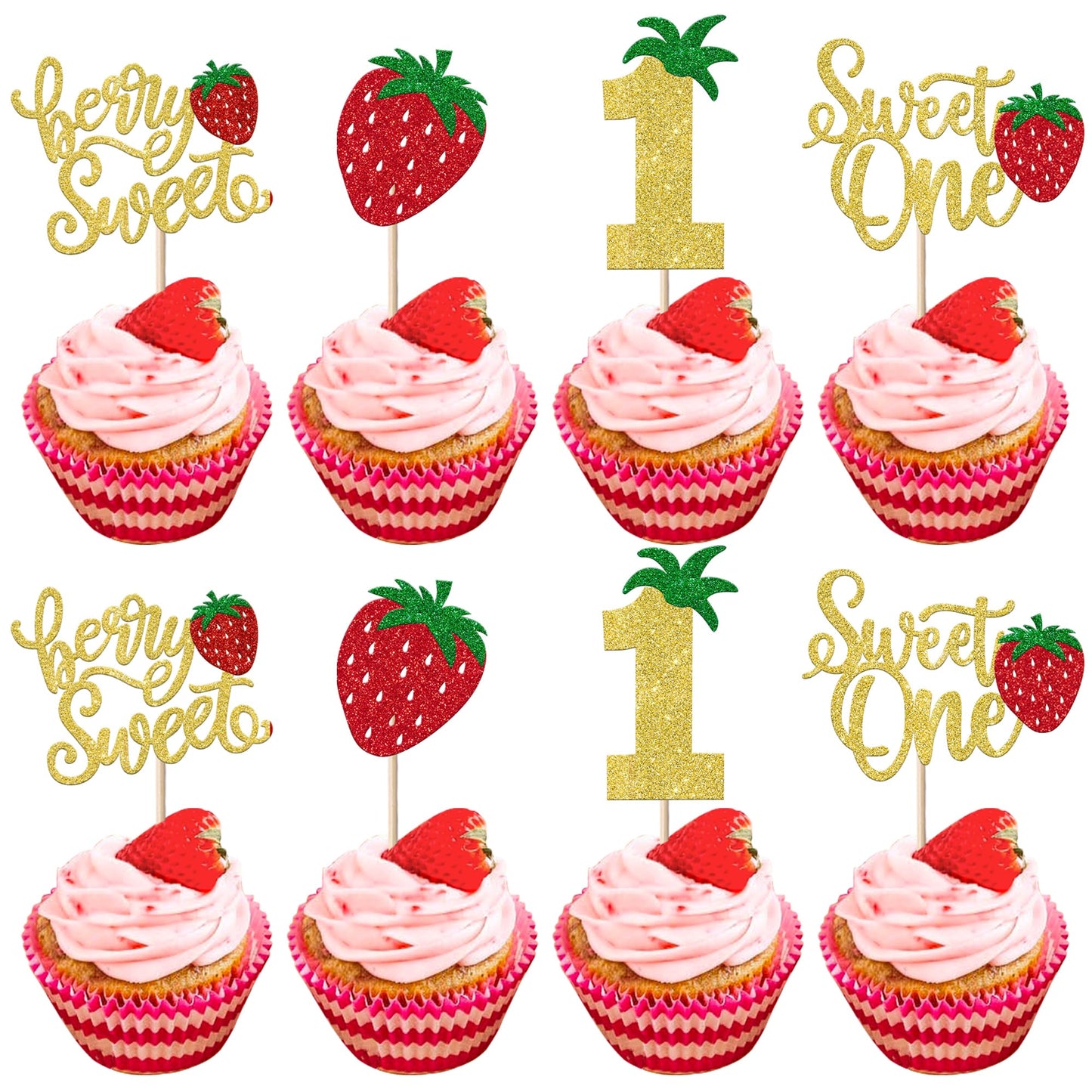 YCTHUNFISH Cupcake Toppers 24 Pack Glitter First Birthday Strawberry Picks Gold Paper Decorations
