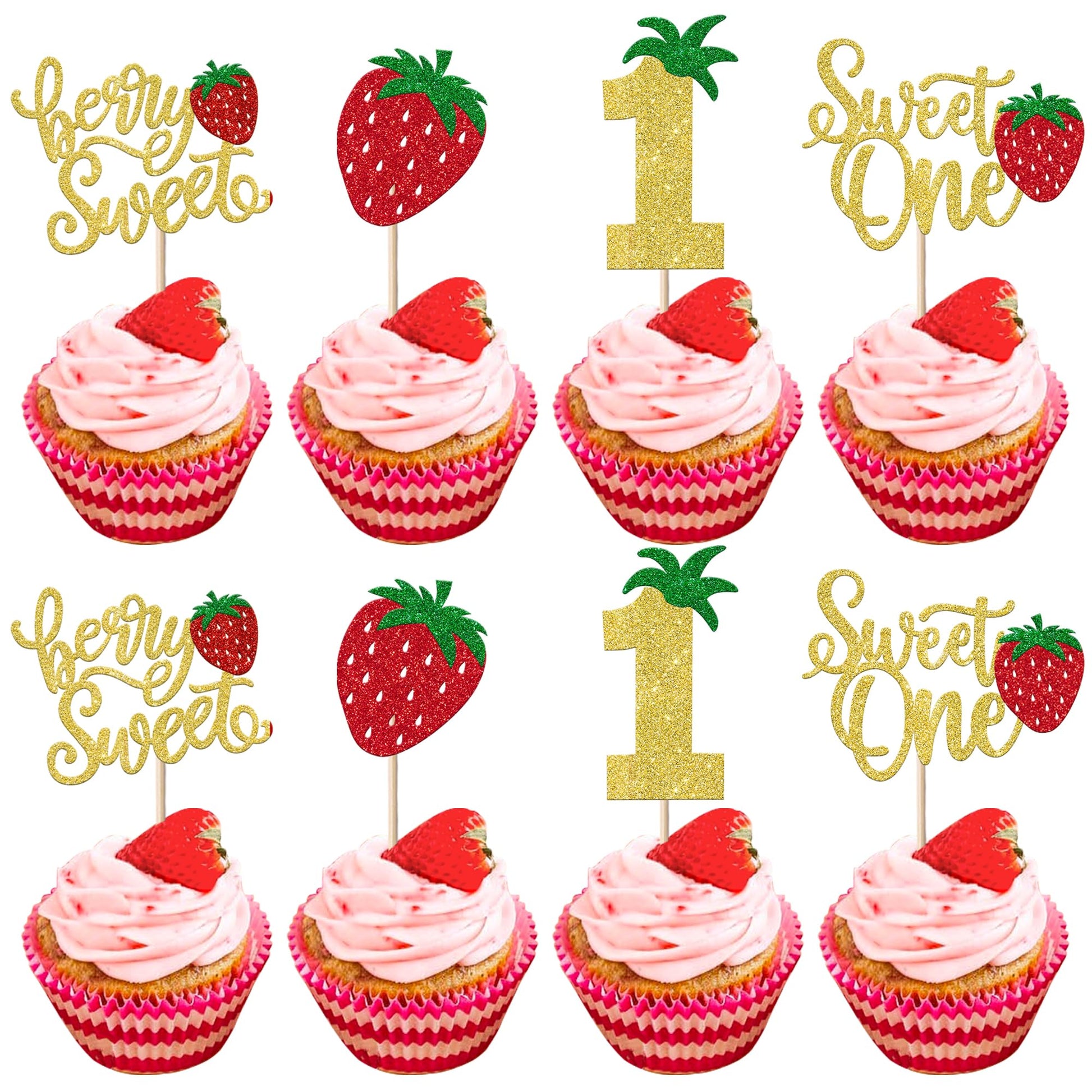 YCTHUNFISH Cupcake Toppers 24 Pack Glitter First Birthday Strawberry Picks Gold Paper Decorations