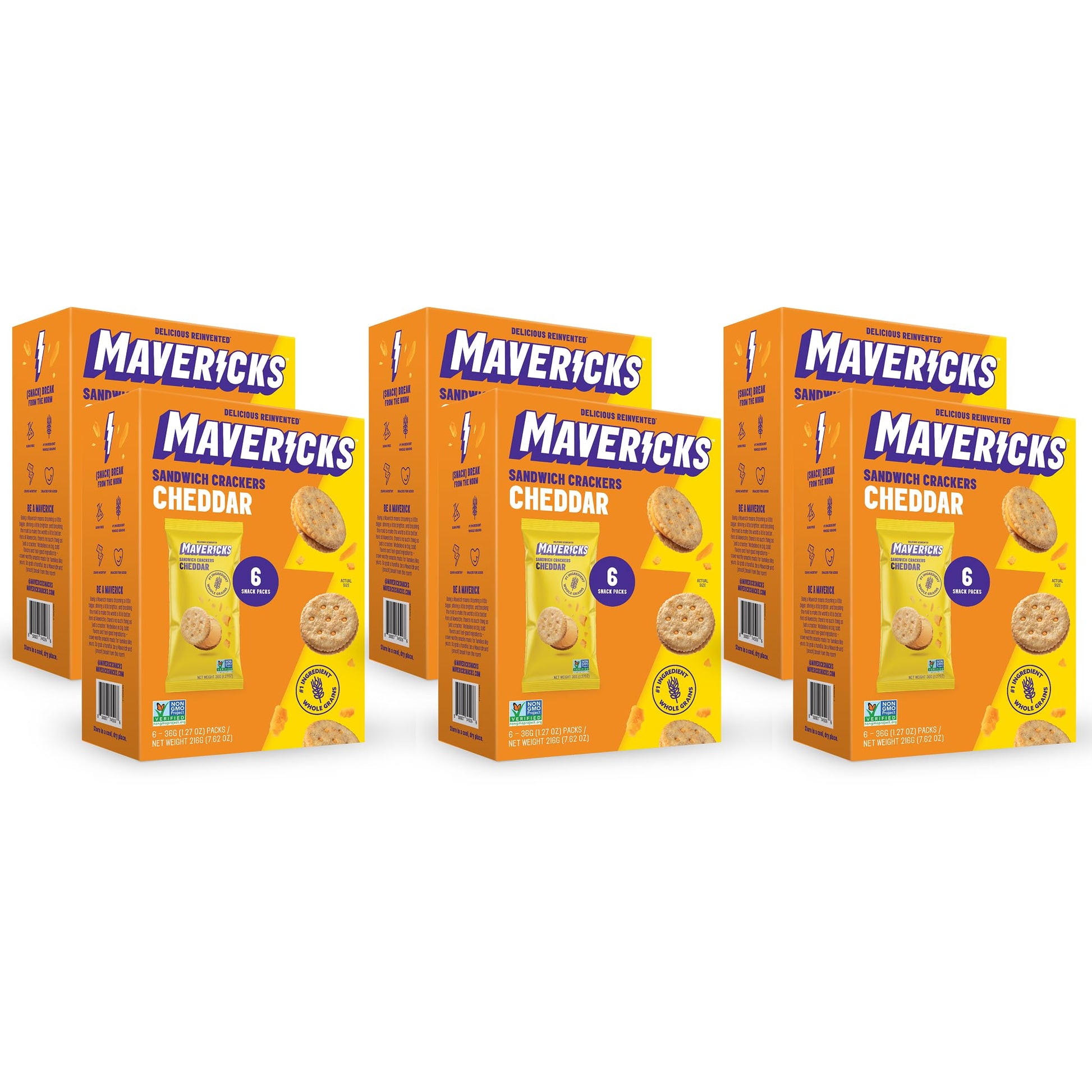 Mavericks Sandwich Crackers Cheddar - Cheese Filled Whole Grain Sandwich Cracker Snack Packs, Non-GMO - 6 Boxes (36 Snack Packs)
