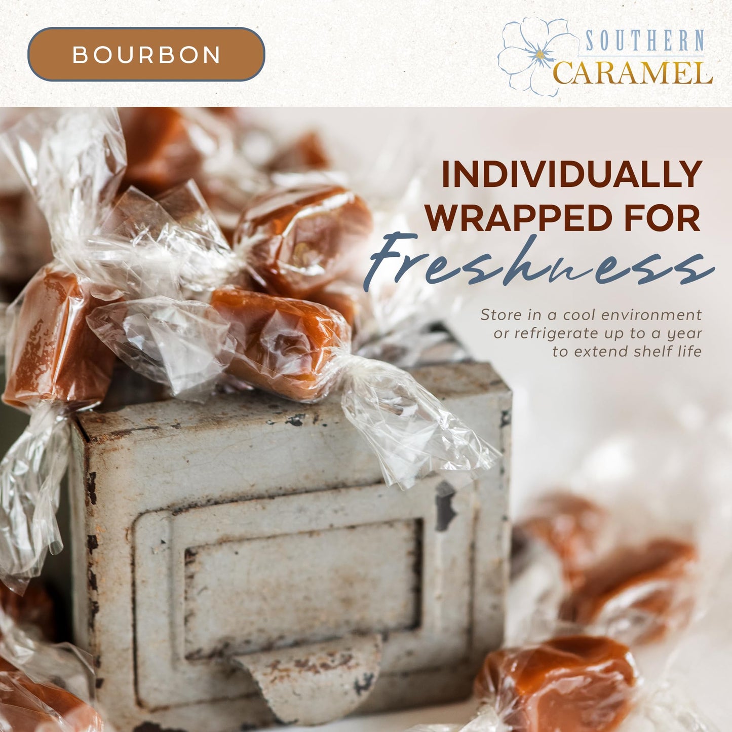 Southern Caramel Spirit-Inspired Flavor Caramels, Soft Buttery Gourmet Caramel Candy Infused With Smooth, Top-Shelf Spirit-Inspired Flavor, Handcrafted, Small Batch, Gluten Free, No Corn Syrup, Wrapped, Gift Ready Pieces, 8 Oz (Pack Of 1)