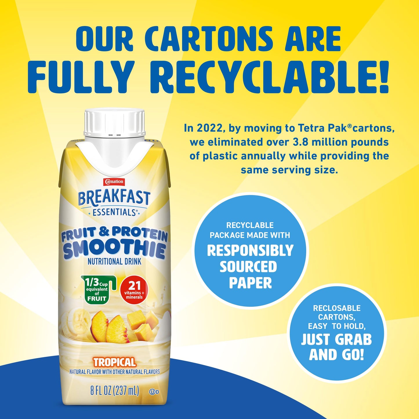 Carnation Breakfast Essentials Fruit and Protein Smoothie, Tropical, 24 Pack of 8 fl oz Cartons