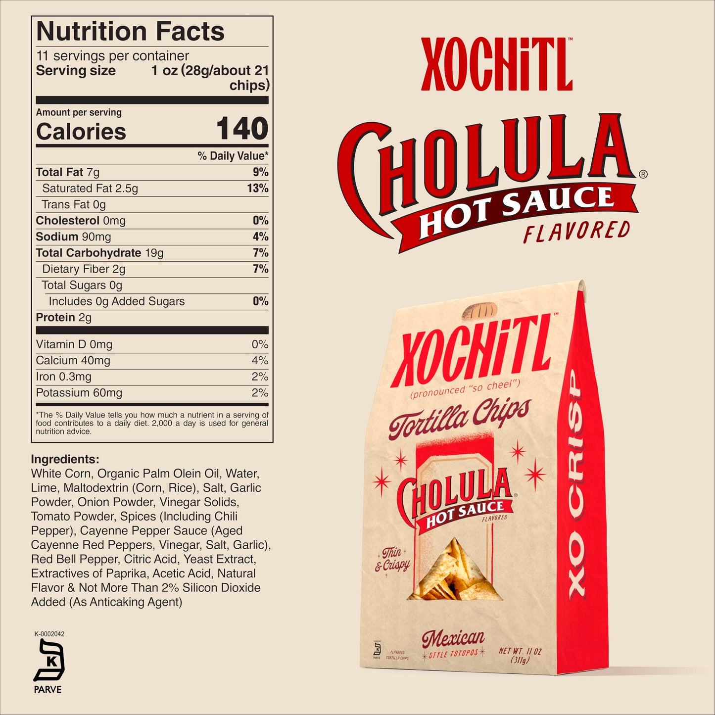 Xochitl Tortilla Chips Cholula Hot Sauce Flavored - Thin & Crispy White Corn Chips, Mexican-Style, Gluten-Free, 11 Oz (Pack Of 4