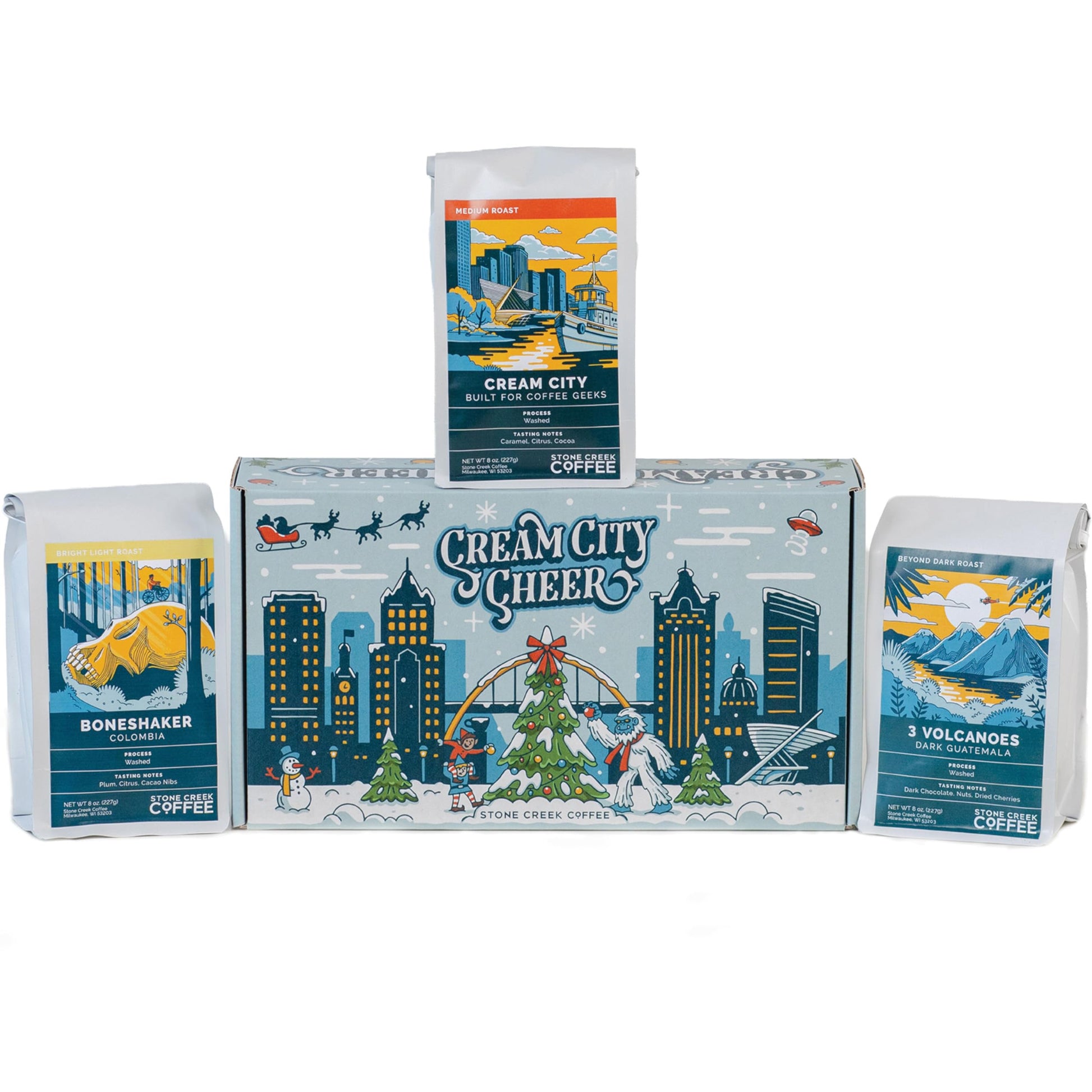 Stone Creek Coffee Cream City Cheer Box Dark, Medium And Light Roast, (8 Oz, Pack Of 3) – Whole Bean Coffee Sampler, Holiday Limited-Edition Gift Set, Bright, Smooth And Bold Fresh Roasted Coffee Beans