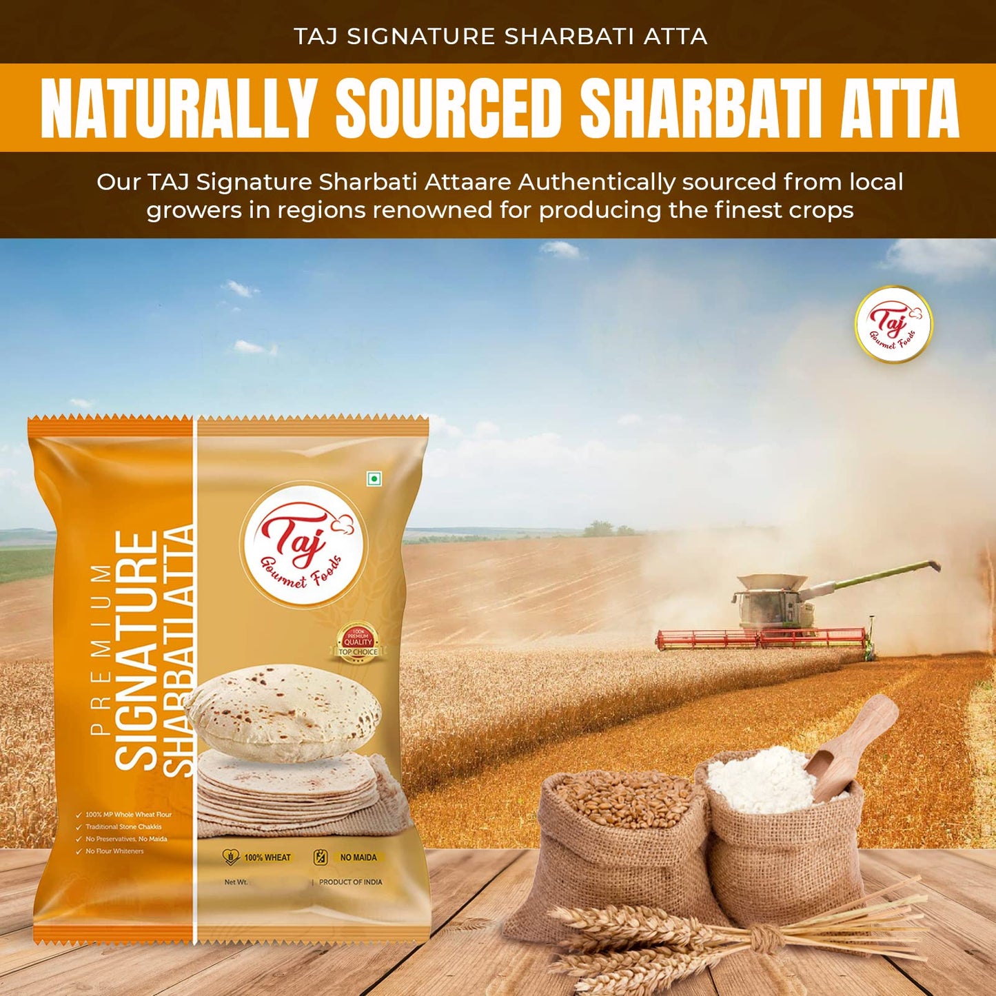 Taj Signature Sharbati Atta, 4Lbs (Chakki Atta - Stone Ground) 100% Whole Wheat Flour, Chappati Flour