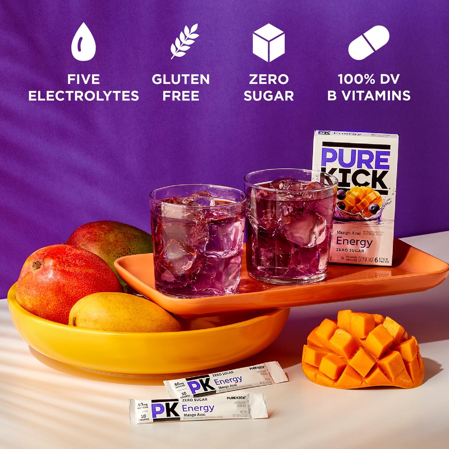 PURE KICK Energy Singles To Go Drink Mix, Mango Acai Flavor, 72 Packets (12 Boxes, 6 Packets Each)