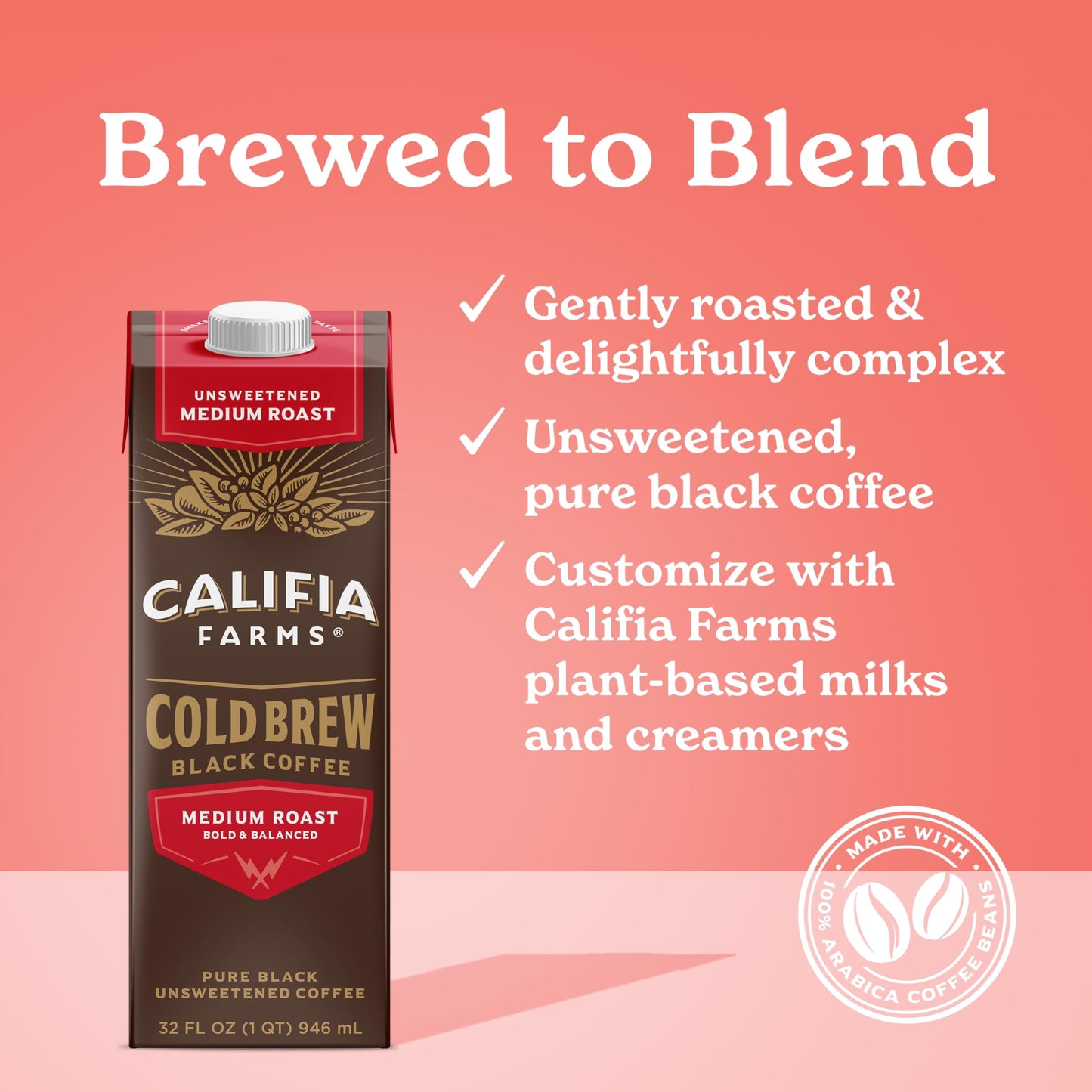Califia Farms - Pure Black Medium Roast Cold Brew Coffee, 32 Oz (Pack Of 6), 100% Arabica, Shelf Stable, Plant Based, Vegan, Glu