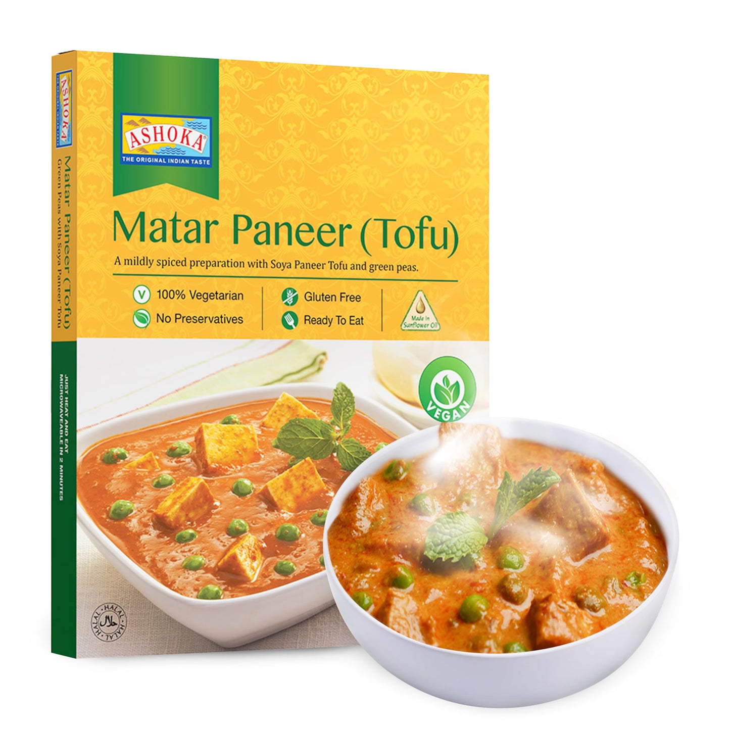 ASHOKA Plant-Based Tofu & Green Peas Curry, Gluten-Free, Microwave Friendly, 10 Ounce Pack