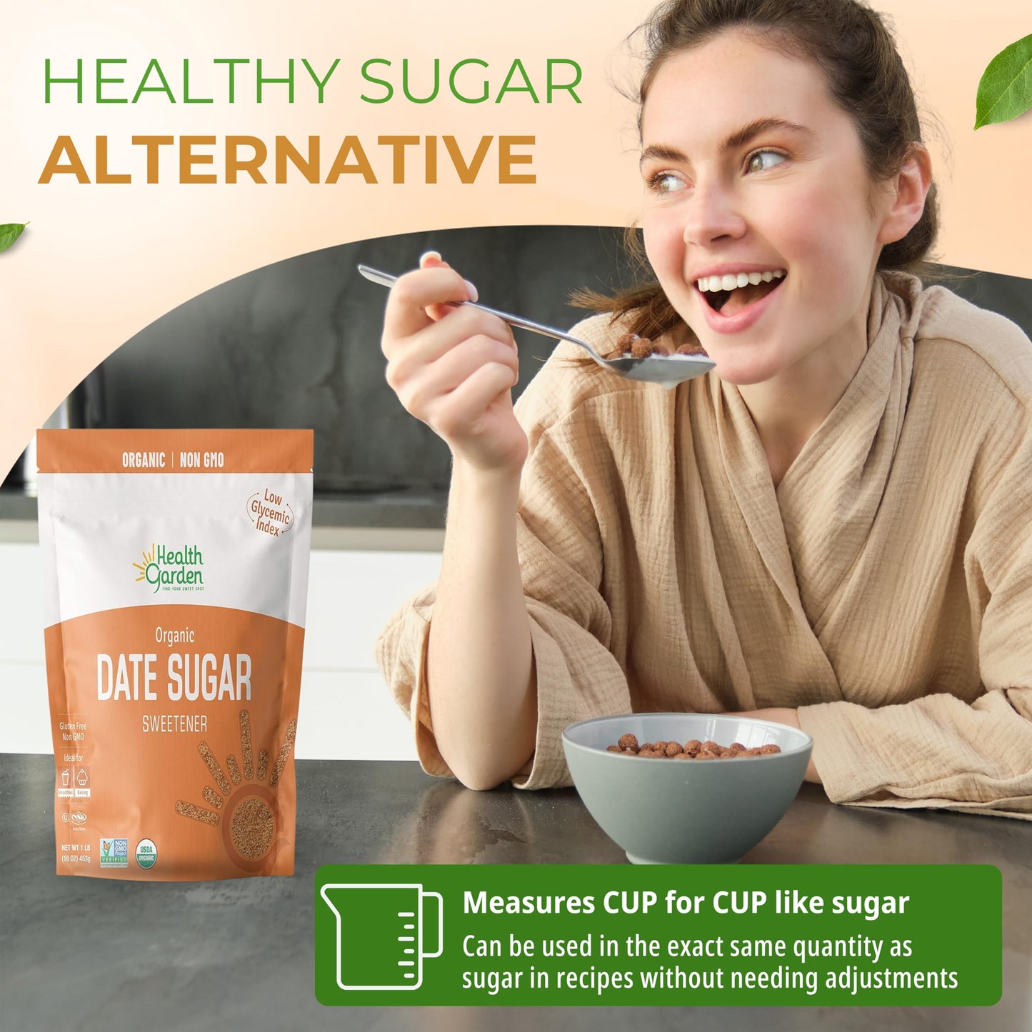 Health Garden Date Sugar (16 Oz), Organic Date Sugar Sweetener, All-Natural Dried Ground Dates, Rich In Vitamins And Minerals, No Gluten, Non-Gmo, Low Glycemic Sugar Substitute (1 Lb Pack Of 2)