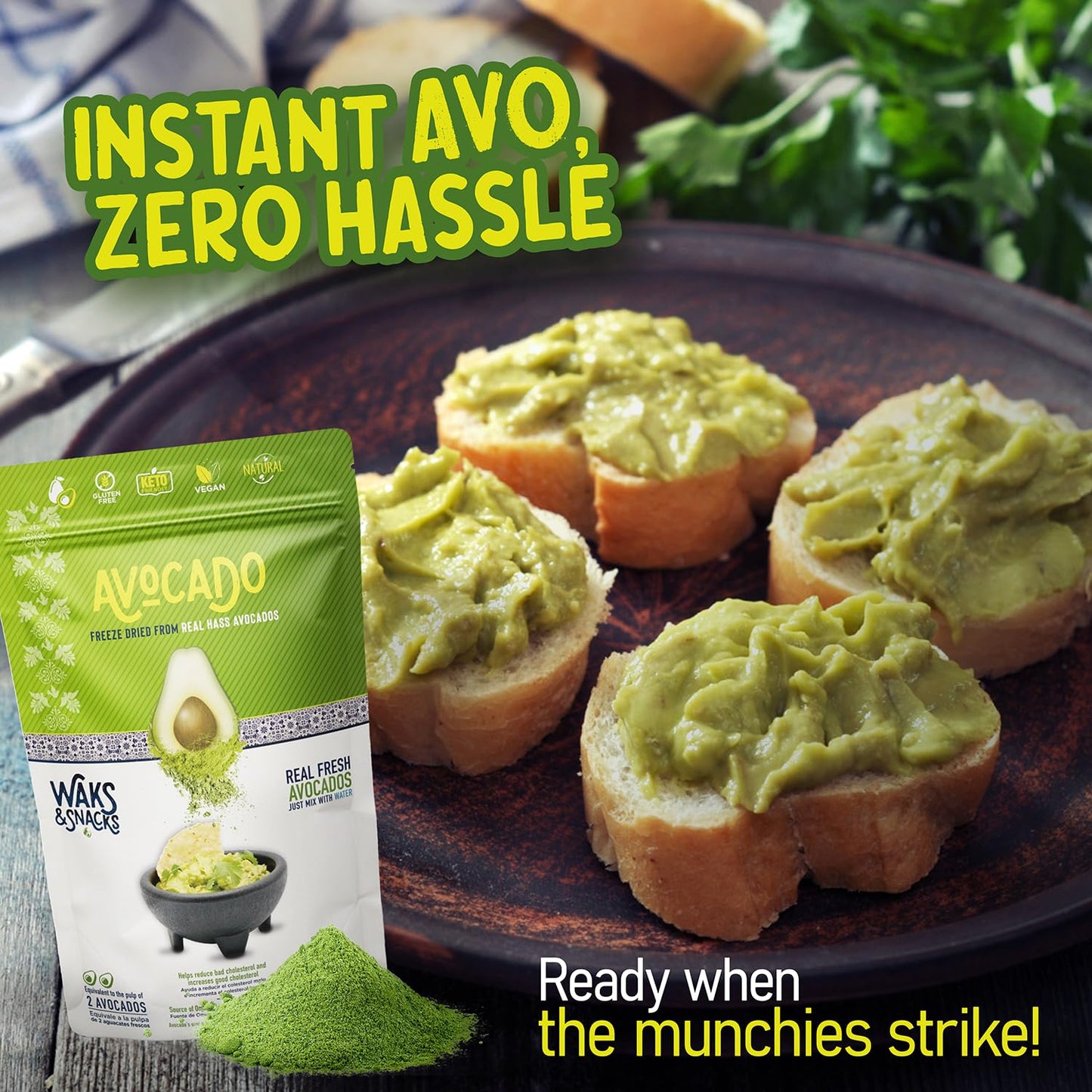 Waks & Snacks Freeze-Dried Avocado | 100% Fresh Hass Avocados, Perfect For Toast | Energizes Camping & Hiking Meals | Lightweight, Vegan, Gluten-Free | 2 Avocados | 2 Oz, 3-Pack