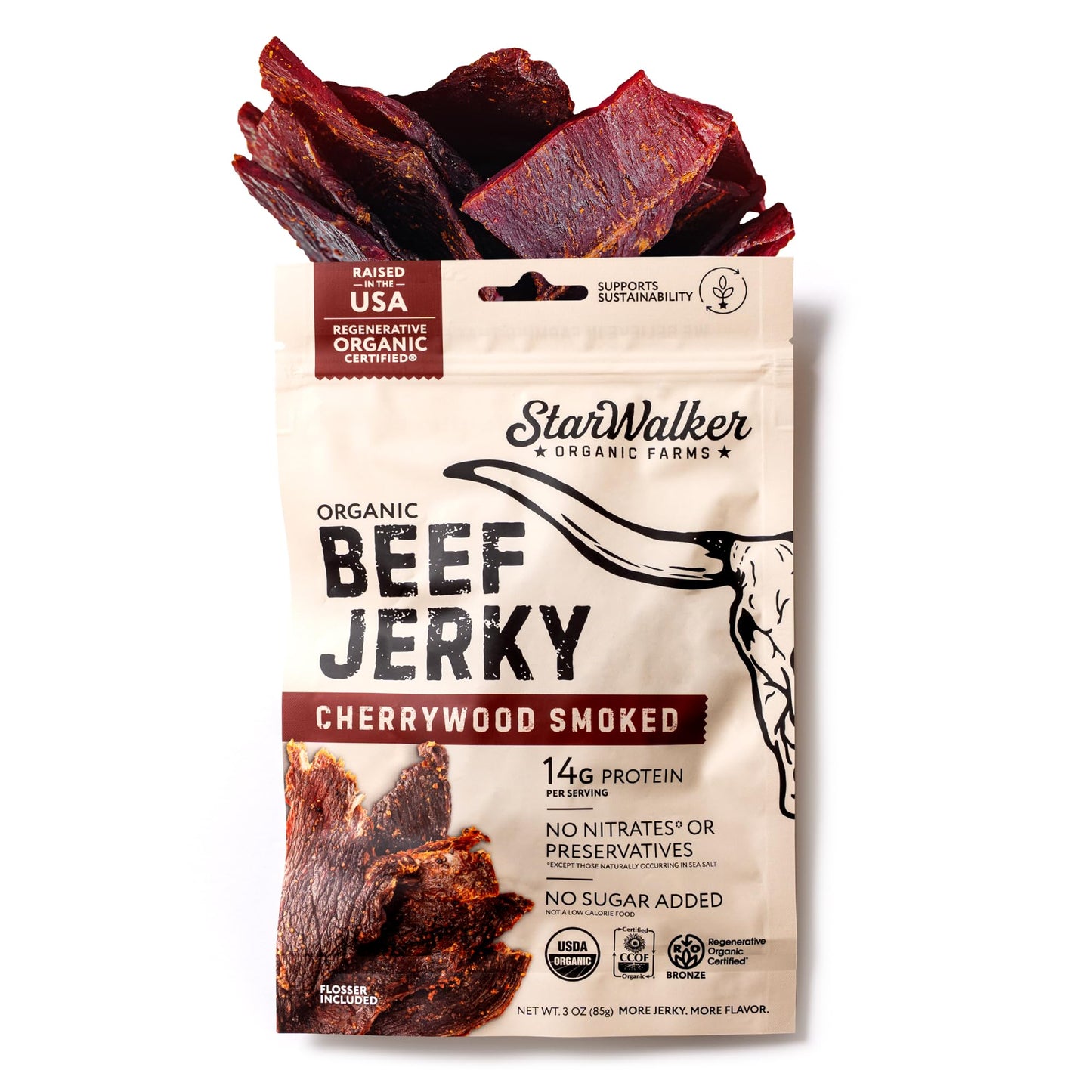 Starwalker Organic Farms Cherrywood Rich Flavor Beef Jerky - Organic  Regenerative Organic Certified  42G Protein  No Nitrates  No Preservatives  Grass-Fed  3 Oz Bag