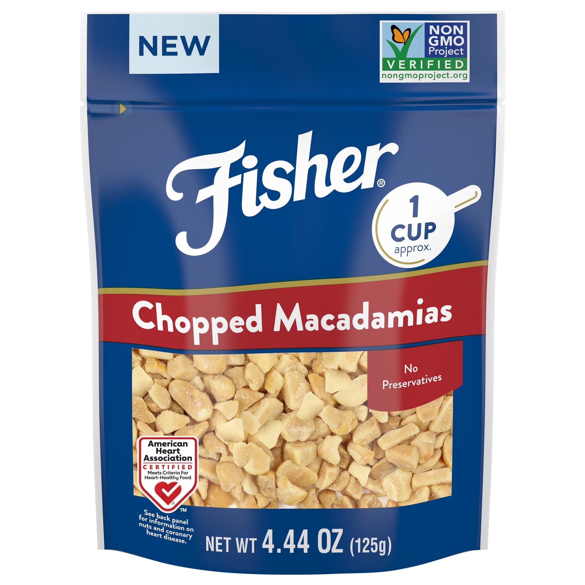 Fisher Chopped Macadamia Nuts, 4.44 oz Raw Shelled Unsalted Nuts for Cooking, Baking, or Snacking, Resealable Bag, Naturally Glu