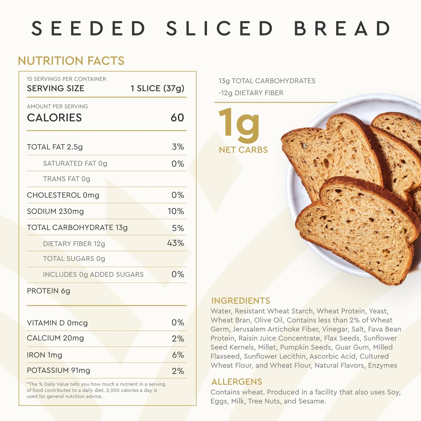 Hero Seeded Bread - Delicious Bread with 1g Net Carb, 0g Sugar, 60 Calories, 12g Fiber per Slice | Tastes Like Regular Bread | L