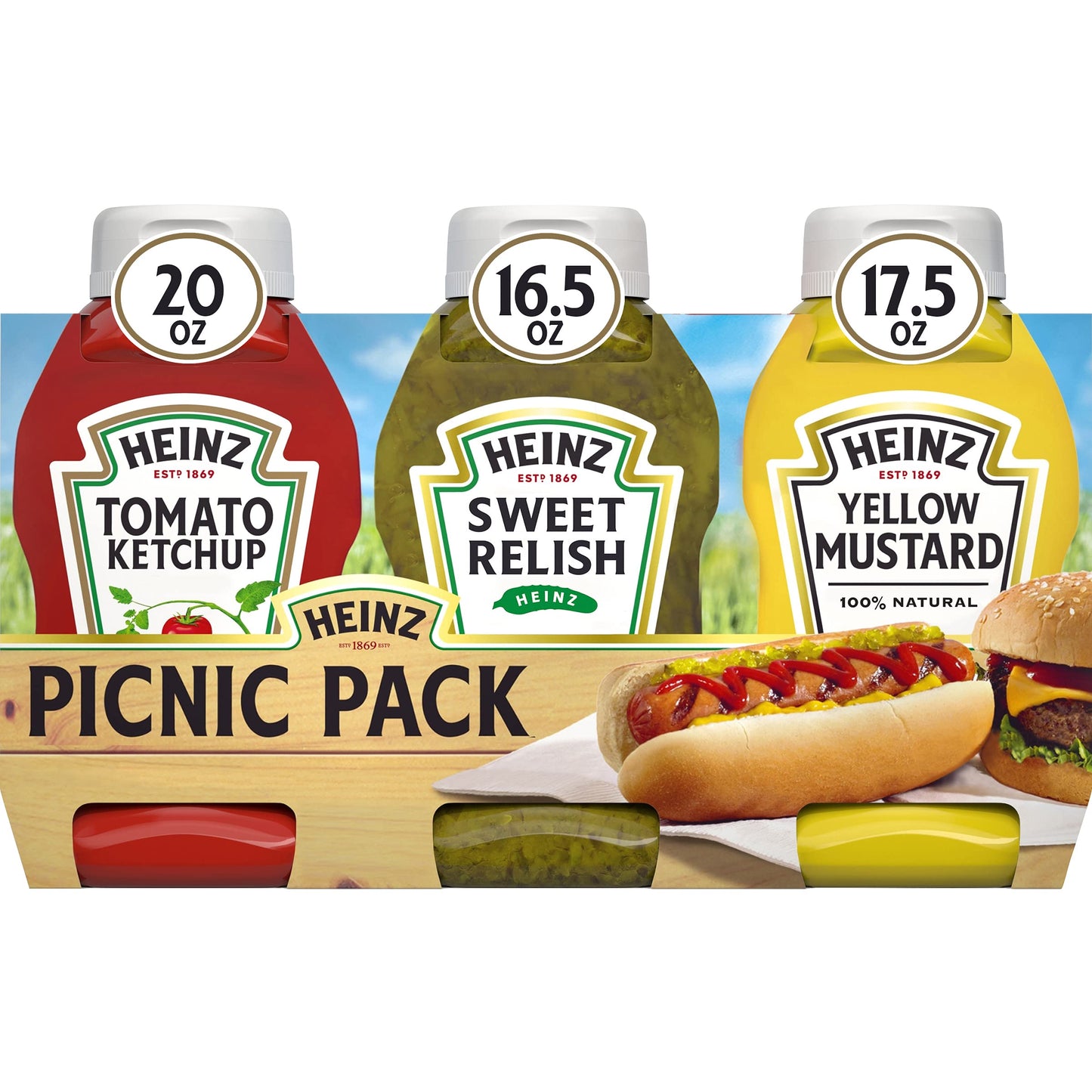 Heinz Tomato Ketchup, Sweet Relish & 100% Natural Yellow Mustard Picnic Variety Pack (12 ct Pack, 4 Packs of 3 Bottles
