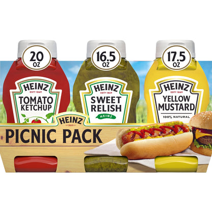 Heinz Tomato Ketchup, Sweet Relish & 100% Natural Yellow Mustard Picnic Variety Pack (12 ct Pack, 4 Packs of 3 Bottles
