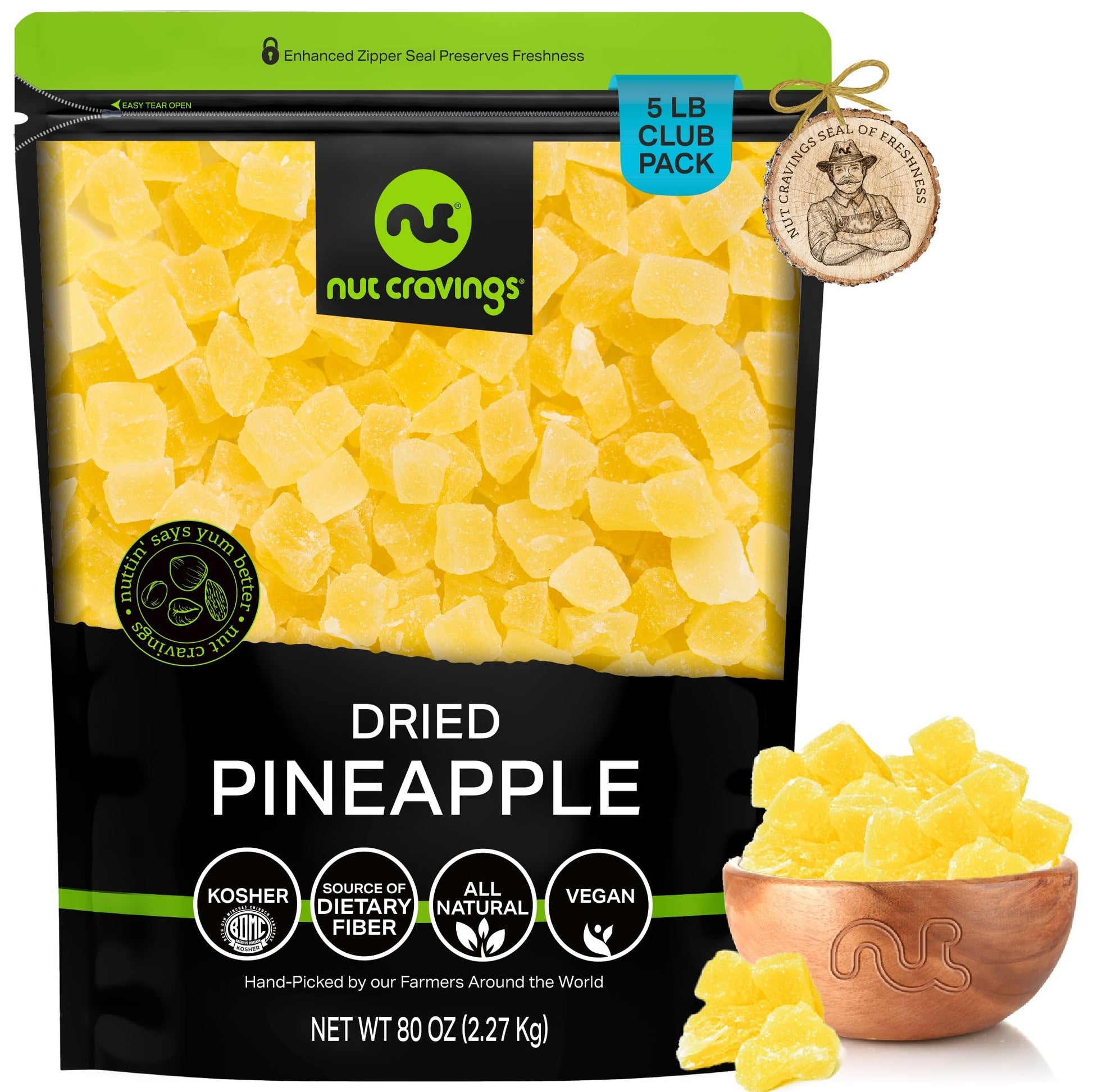 Nut Cravings Dry Fruits - Sun Dried Pineapple Chunks, With Sugar Added (80Oz - 5 Lb) Packed Fresh In Resealable Bag - Sweet Snac