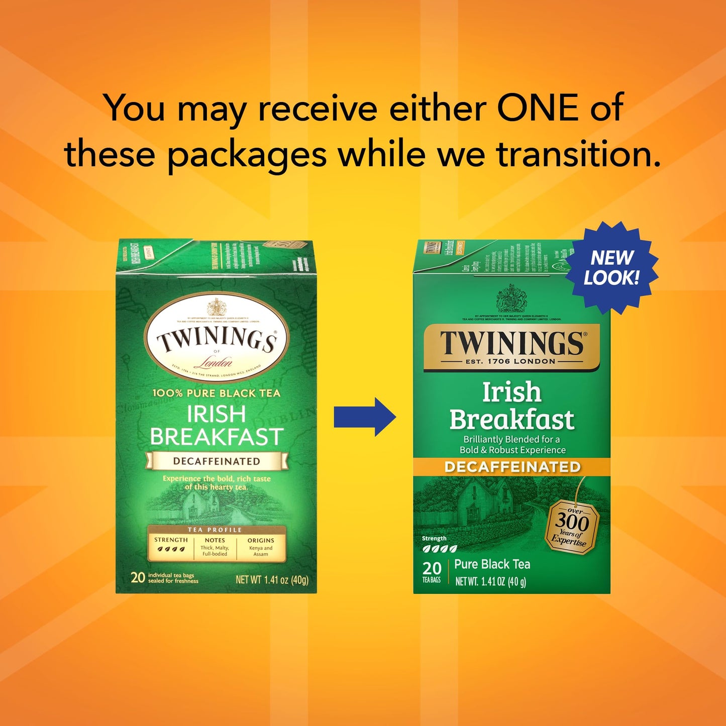 Twinings Decaffeinated Irish Breakfast Black Tea, 20 Individually Wrapped Teabags, Robust Flavor, 20 Count, Model 455834-05306