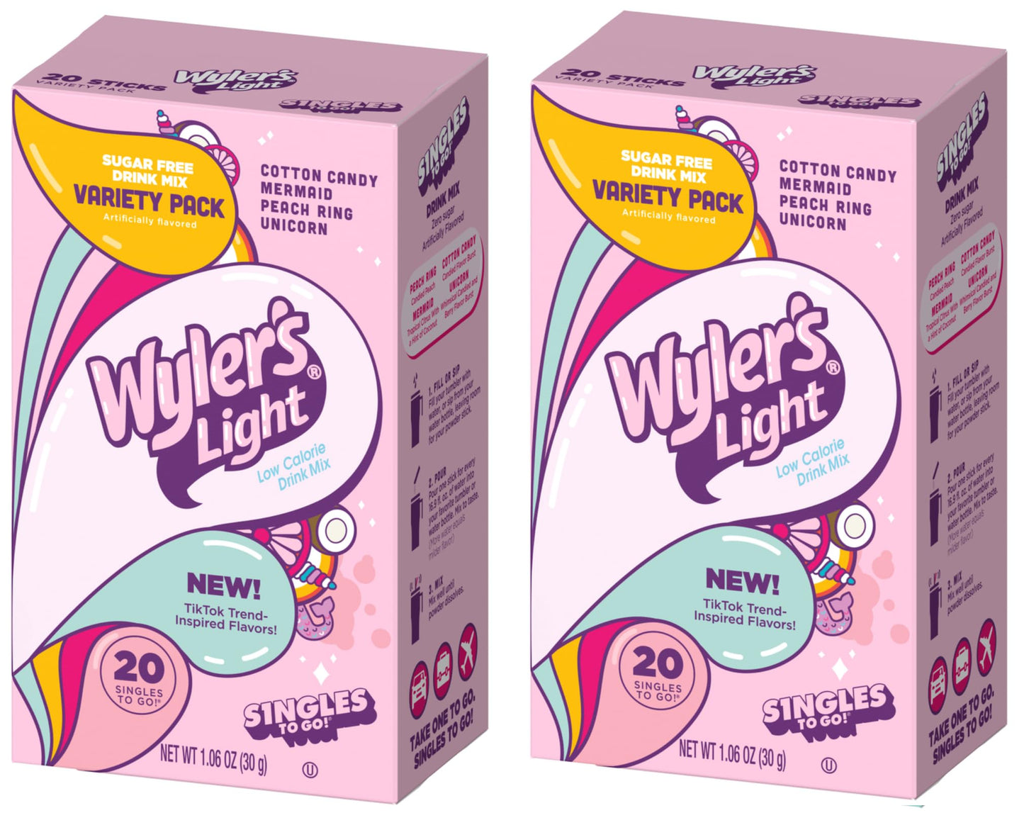 The Jel Sert Company Wylers Light TikTok Bundle - Variety Pack of 2 Pink Boxes - 40 Low Calorie Drink Mix Packets - 1.06 Ounce Each