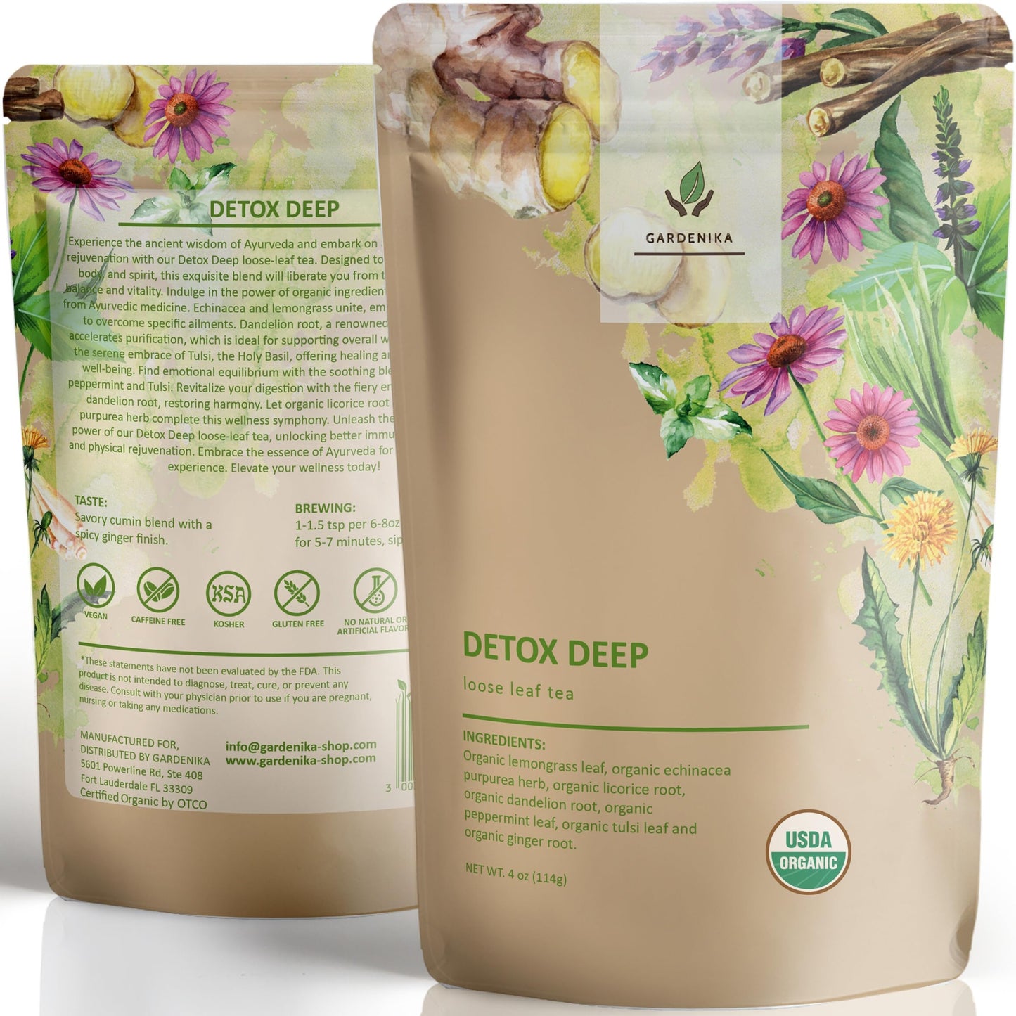 Gardenika Organic Dandelion Root Detox Tea, Herbal, Caffeine-Free, 4 oz, KSA Kosher, with Lemongrass, Peppermint, Echinacea