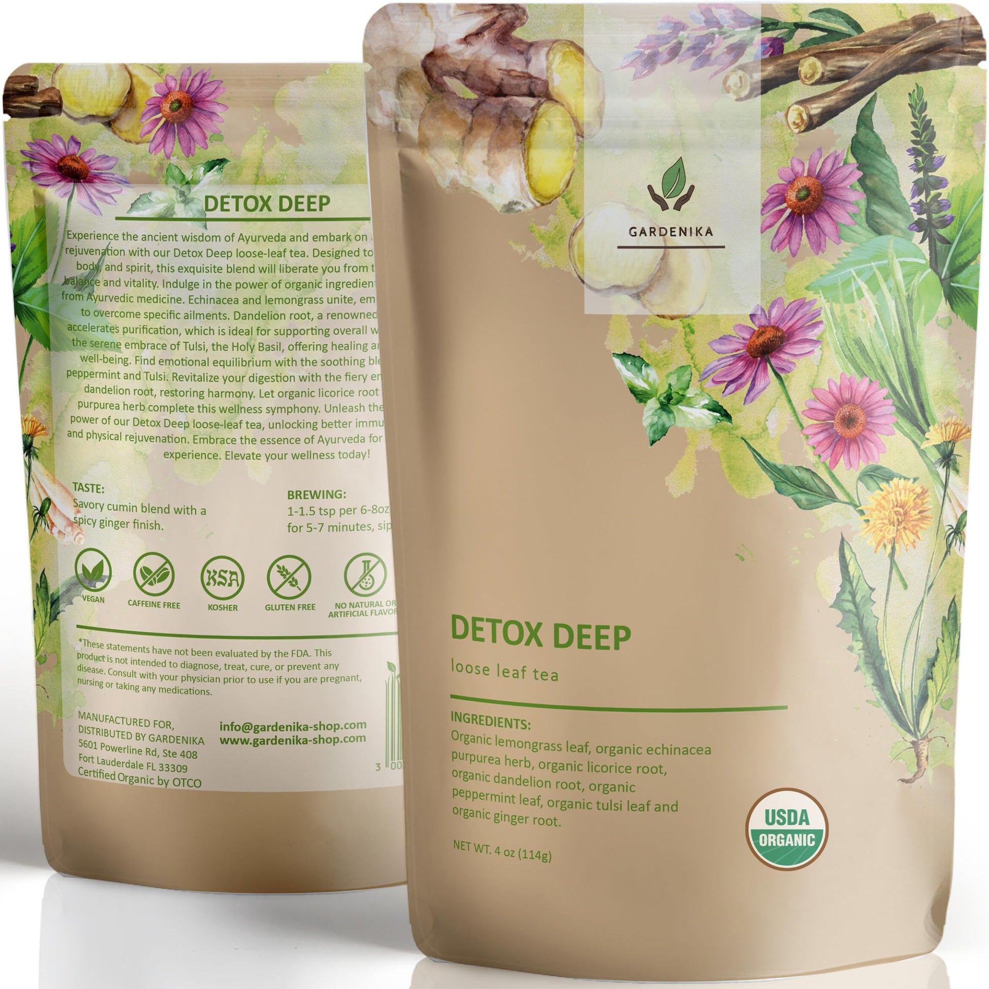 Gardenika Organic Dandelion Root Detox Tea, Herbal, Caffeine-Free, 4 oz, KSA Kosher, with Lemongrass, Peppermint, Echinacea