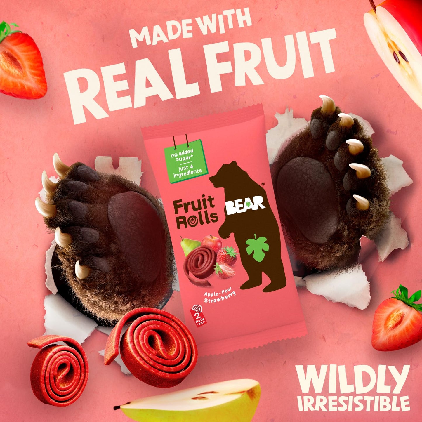BEAR Real Fruit Snack Rolls - Gluten Free, Vegan, and Non-GMO - Strawberry - 36 Rolls, Healthy School And Lunch Snacks For Kids