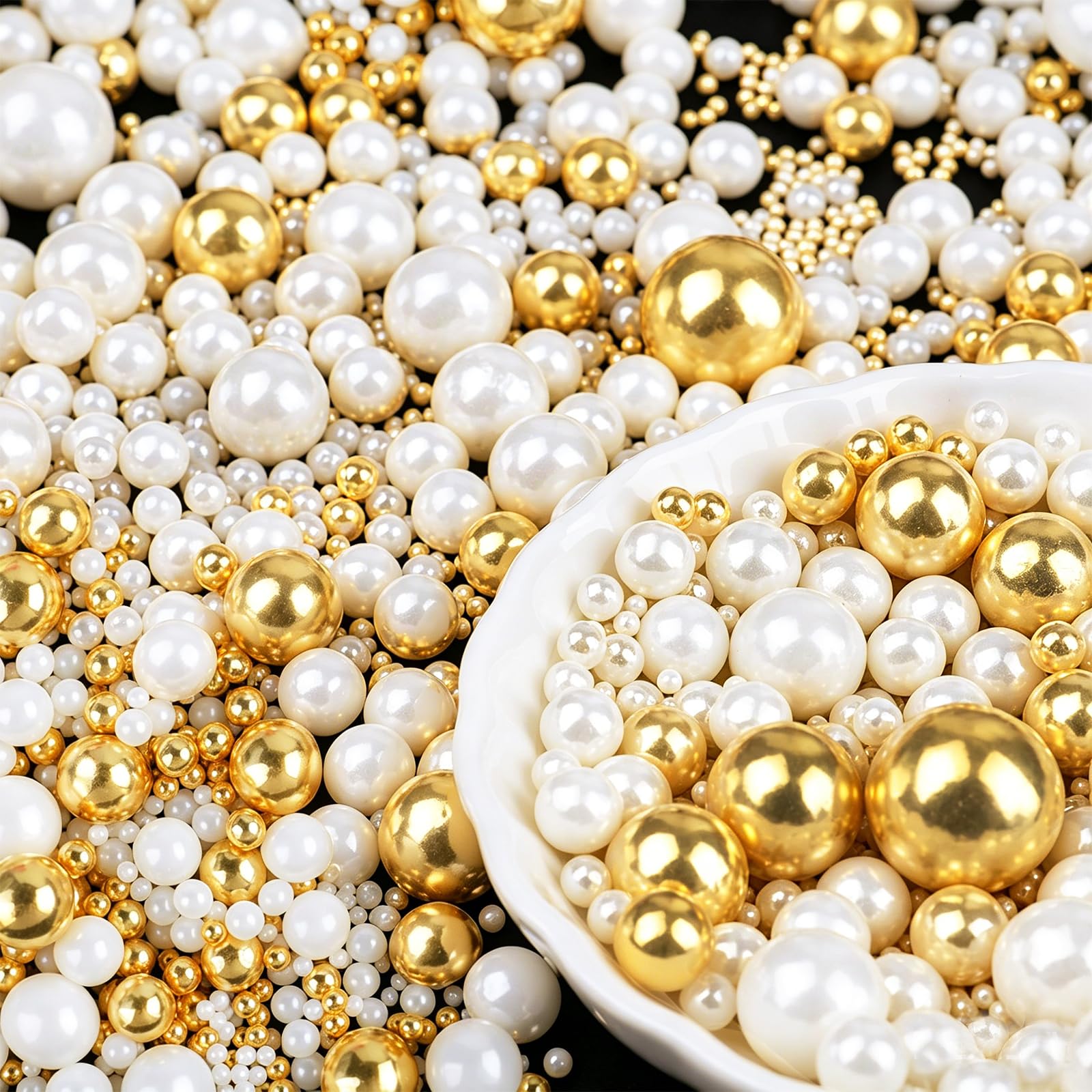 Gold White Pearl Sprinkles, 4.6 oz Edible Pearls for Cake Decorating, 6 Sizes Cake Sprinkles for Baking Cupcake Cookies Ice Crea