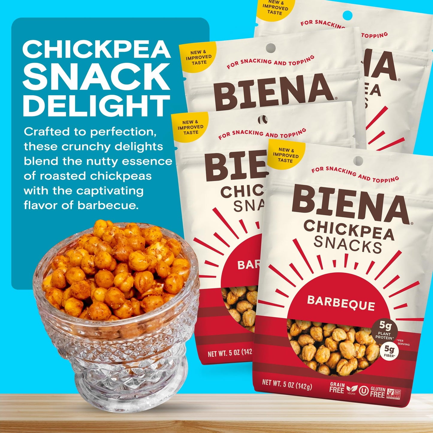 Biena Chickpea Snacks - Crunchy Roasted Chickpeas - High Fiber Vegan Protein Snacks For Adults And Kids - 4-Pack, 5 Ounce Bags -
