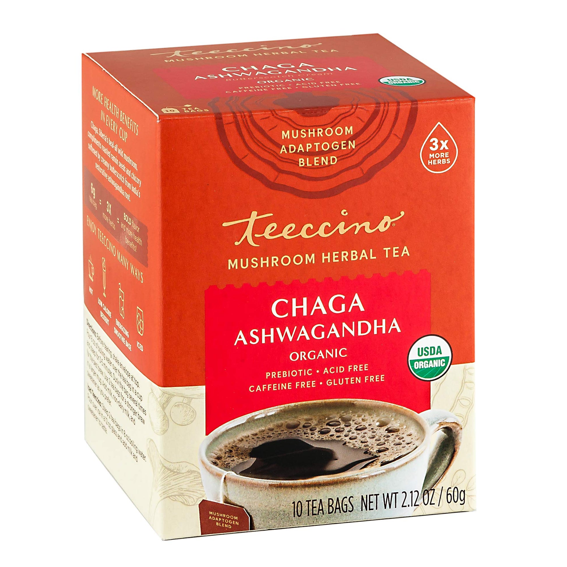 Teeccino Chaga Ashwagandha Tea - Butterscotch Cream - Organic Mushroom Adaptogenic Herbal Tea  3X More Herbs Than Regular Tea Bags  Prebiotic  Energy Blend Free  Gluten Free - 10 Tea Bags