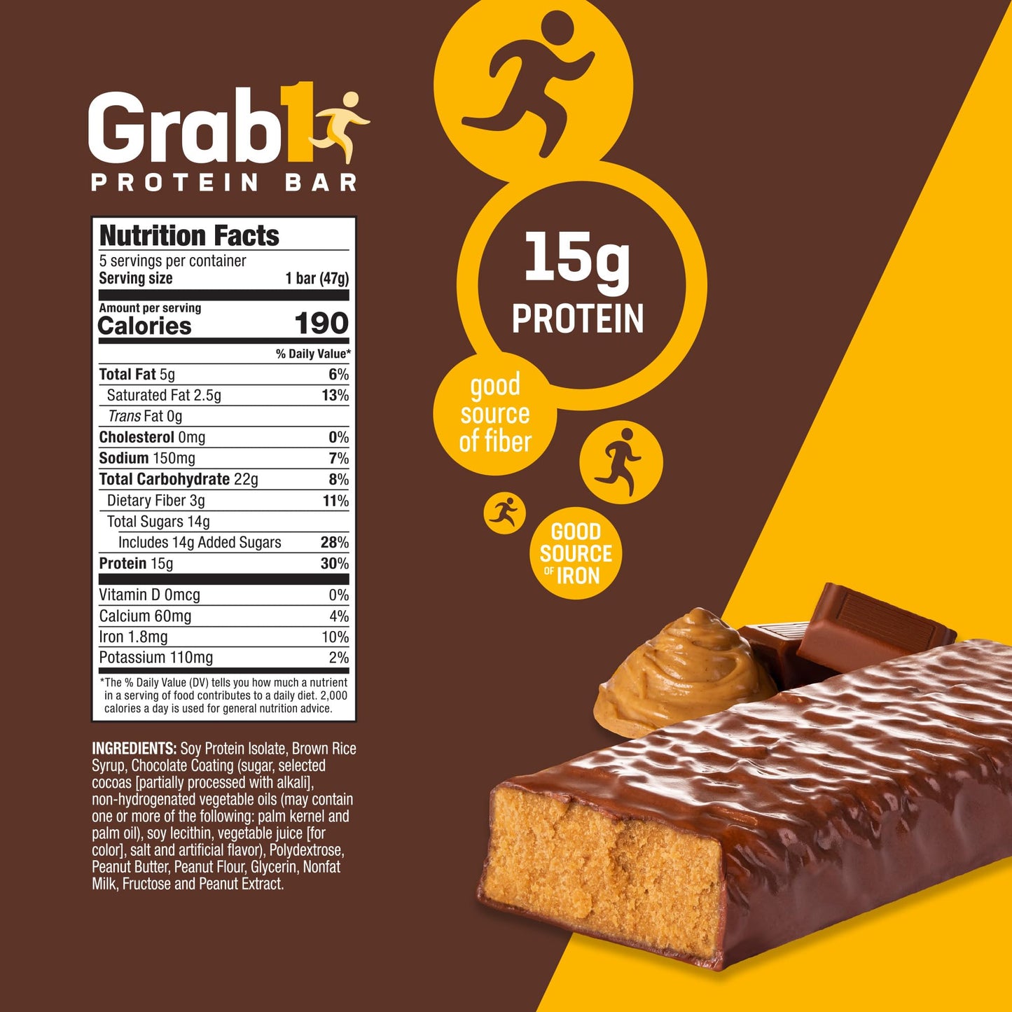 Grab1 Peanut Butter Protein Bars | 15 Grams Protein (2 Pack - 10 Bars) Controls Hunger | Certified Kosher | Low Calorie | Perfect For Snacking | Nutritious Meal Replacement