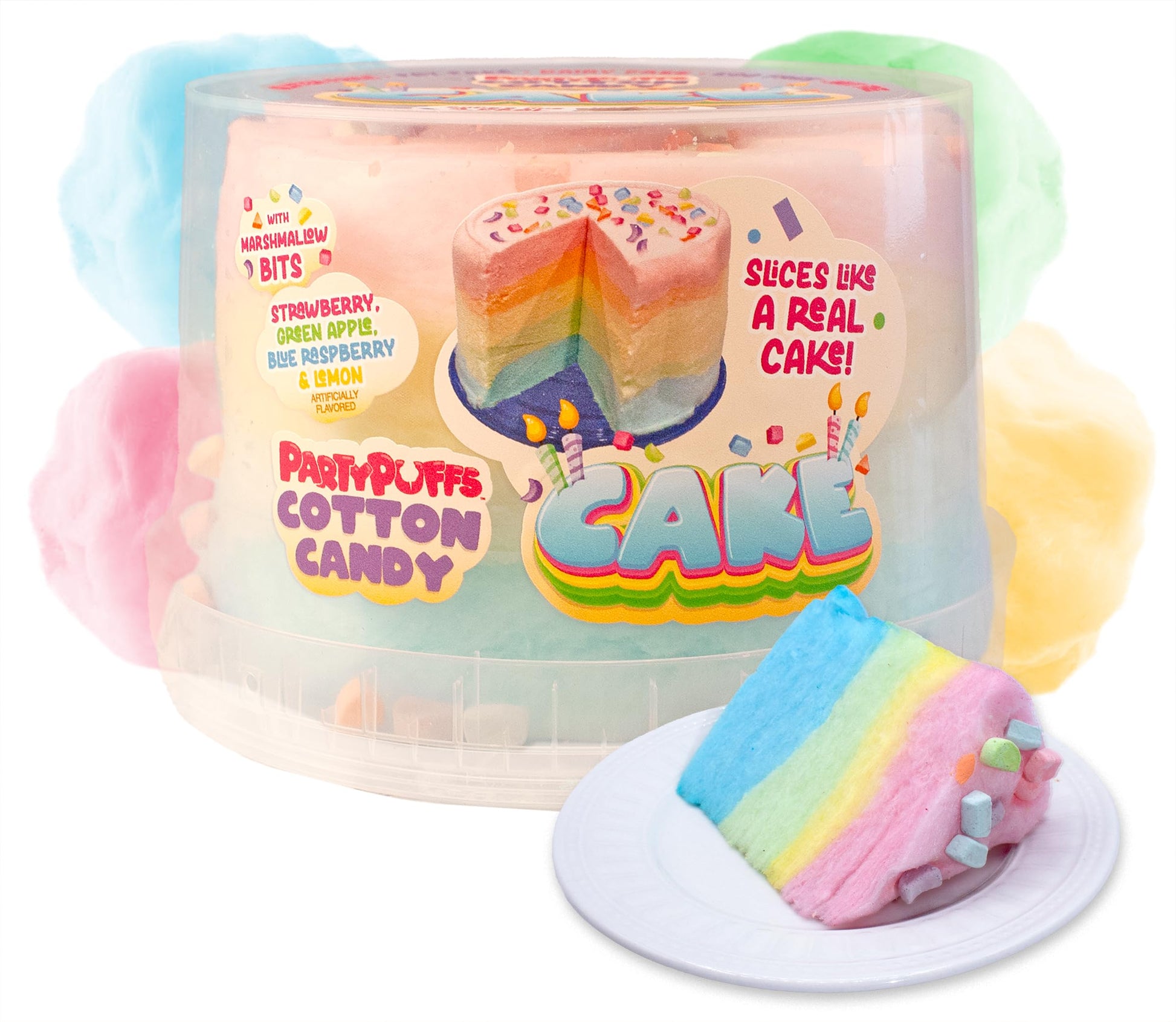 PartyPuffs Cotton Candy Cake - 4 Servings - Sliceable Celebration Cake With Strawberry  Blue Raspberry  Lemon & Green Apple Flavors - Fun Party Dessert With Crunchy Marshmallow Bits - Gluten-Free Treat & Made in USA - 4oz