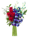 KaBloom Flowers - Mothers Day Collection - Sapphire Red Bouquet of Red Roses and Blue Orchids Without Vase. Gift for Birthday, 