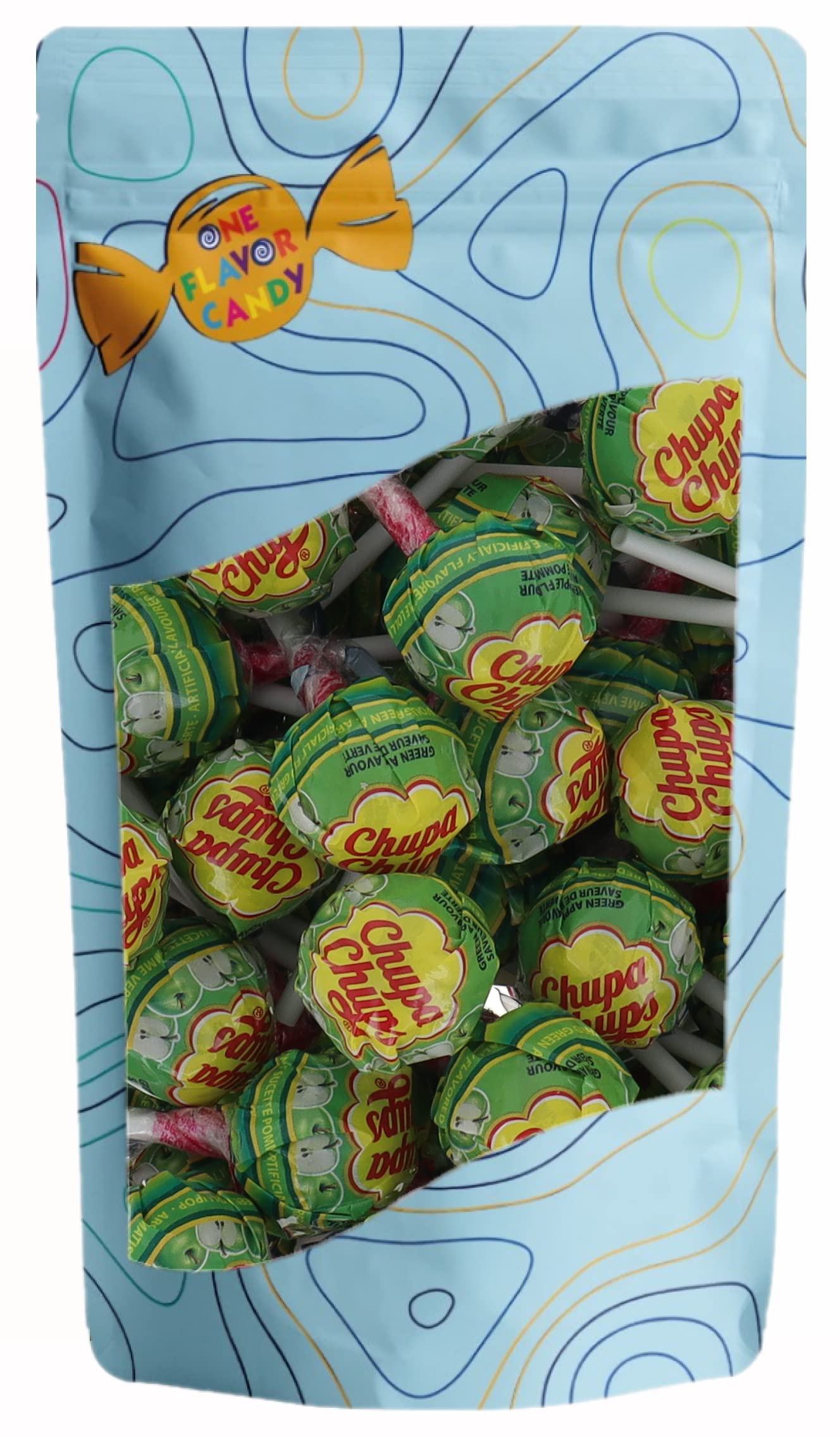 One Flavor Candy Chupa Chups Lollipop Lolli Pops Bulk in Resealable Bag (Green Apple, Pack of 40)