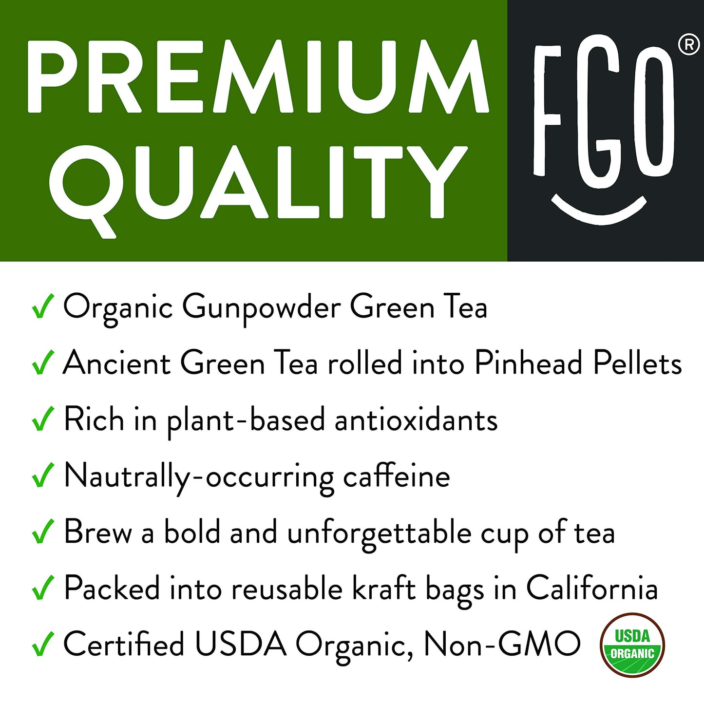 FGO Organic Gunpowder Green Tea  Loose Leaf  16oz Bulk Resealable Bag  Packaging May Vary (Pack of 1)