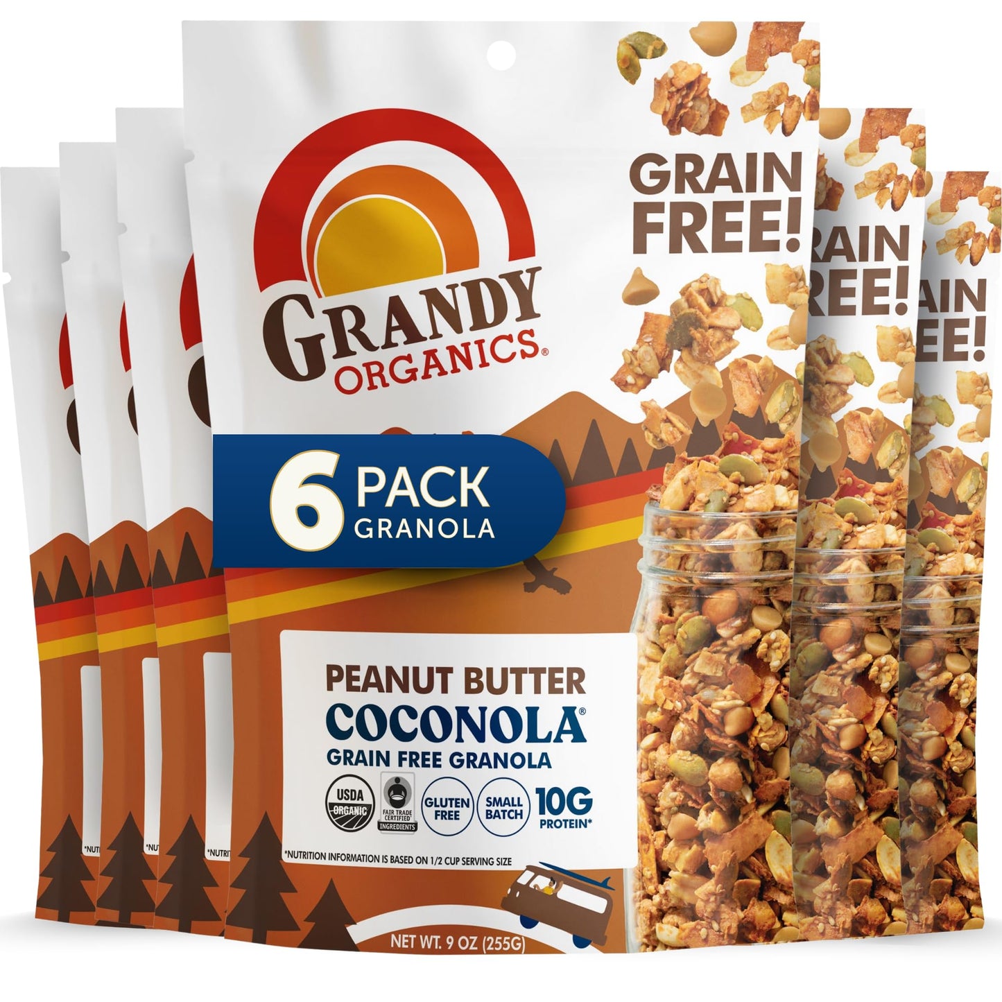 Grandy Organics Peanut Butter Coconola Granola, Gluten Free, Grain Free, Peanut Butter Granola with 5g Plant Based Protein, 9oz 