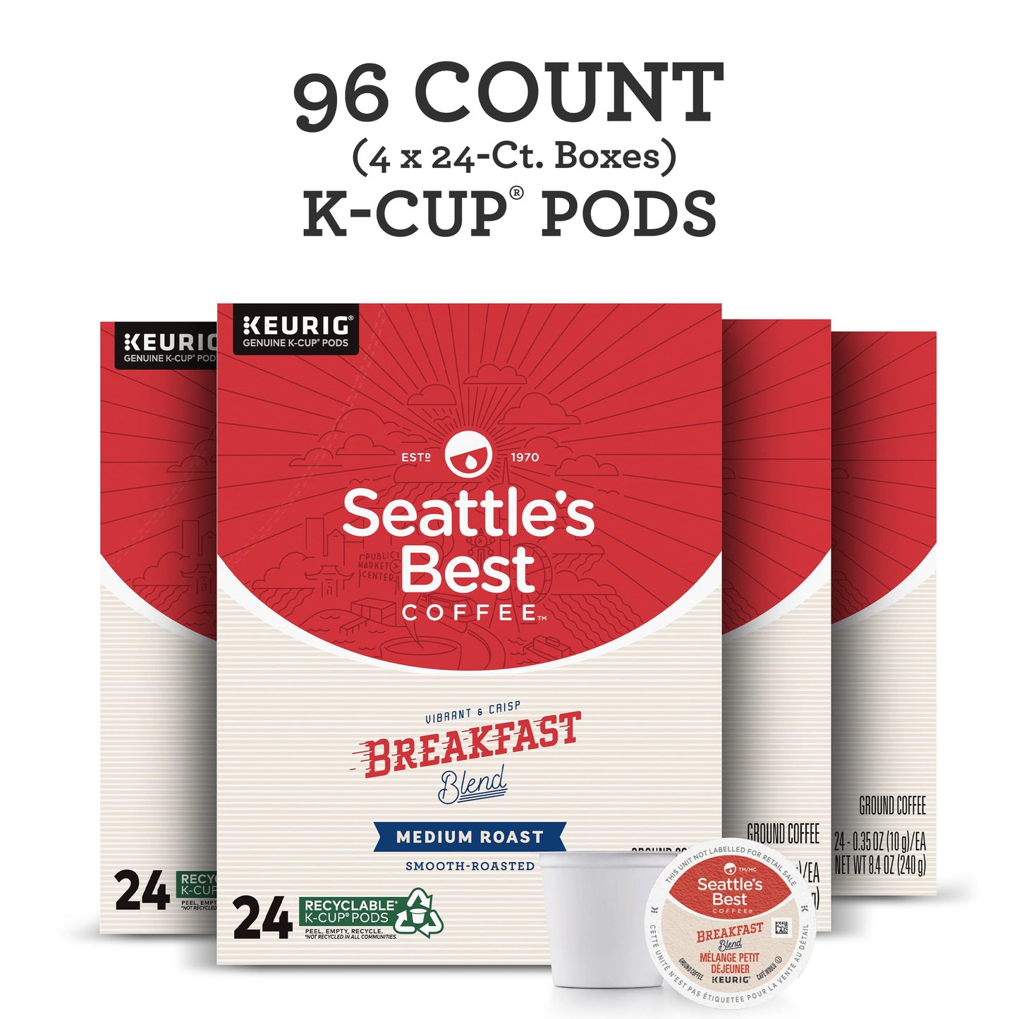 Seattles Best Coffee Medium Roast K-Cup Pods Breakfast Blend 24 Count Pack of 4 (96 Pods Total)