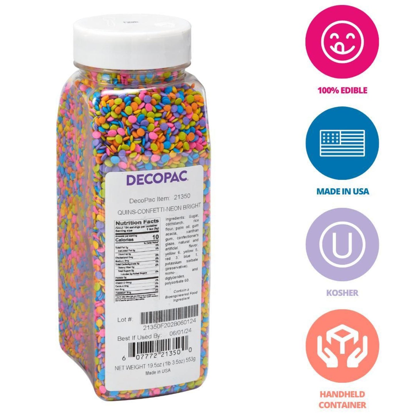 DecoPac Quins Fancy Sprinkles, 19.5oz, Neon Bright Confetti, Edible Sprinkles for Cakes, Cupcakes, Cookies, Model 21350