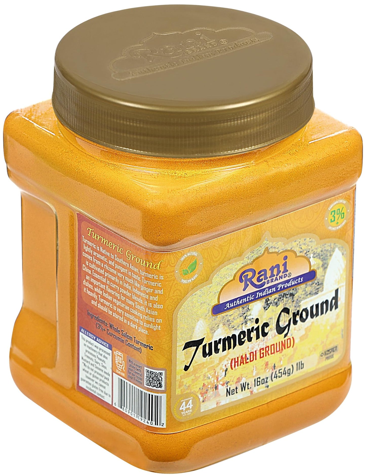 Rani Turmeric (Haldi) Root Powder Spice  (High Curcumin Content) 16oz (1lb) 454g PET Jar ~ All Natural | 100% Pure  Salt Free | Vegan | Gluten Friendly | NON-GMO | Kosher | Indian Origin