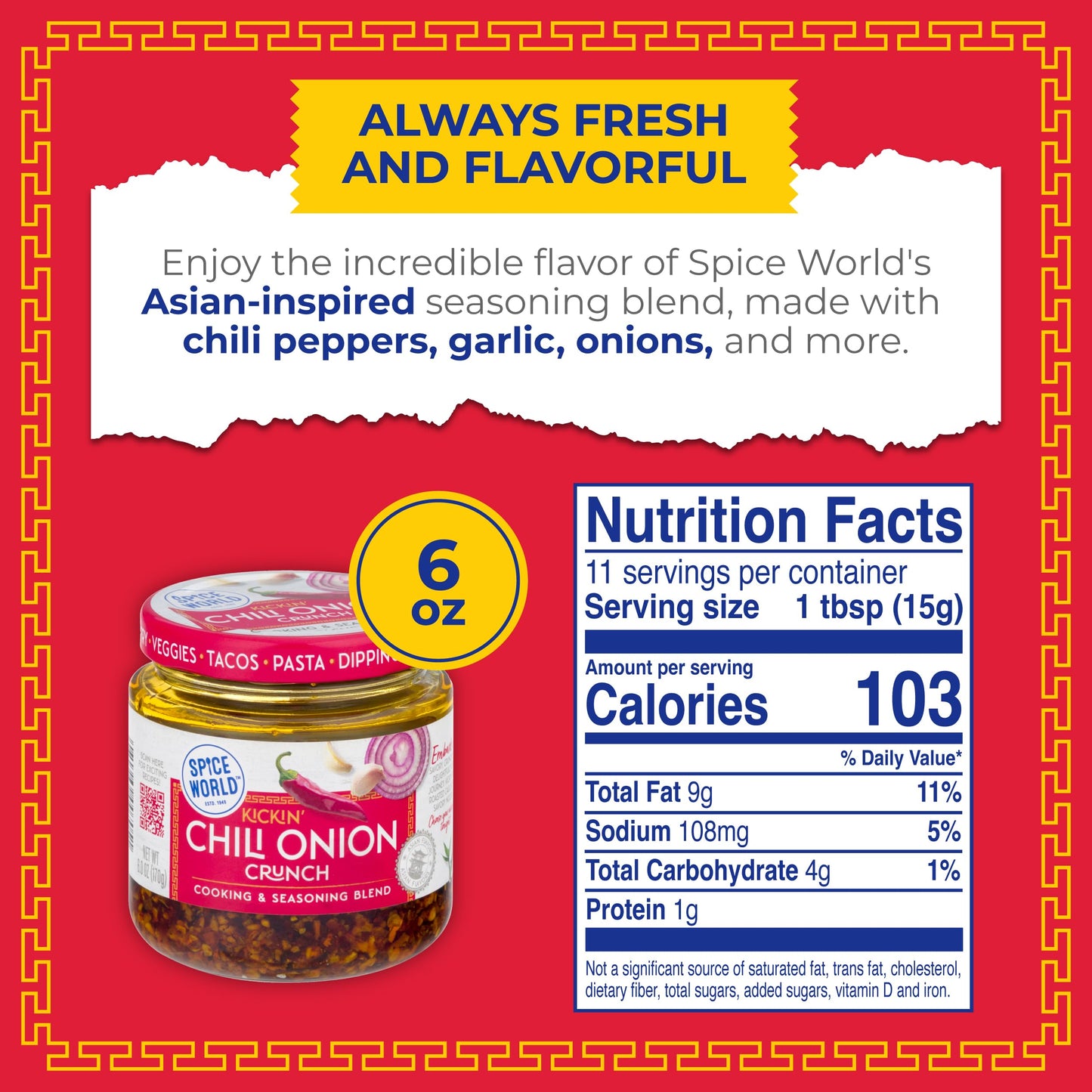 Spice World Chili Onion Crunch Seasoning Blend, 6oz - Ready-to-Use for Stir-Fries, Chili, Stews & Asian Dishes, Adds Savory Flavor & Heat